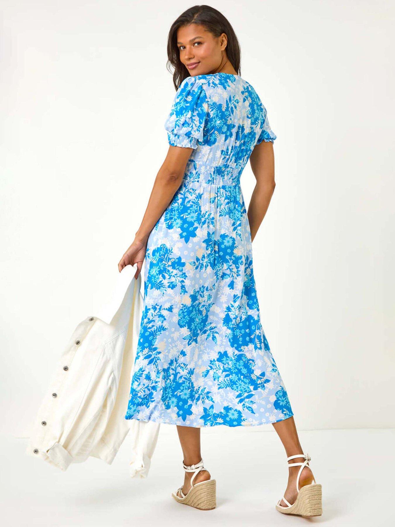 roman-button-through-floral-shirred-midi-dress-bluestillFront