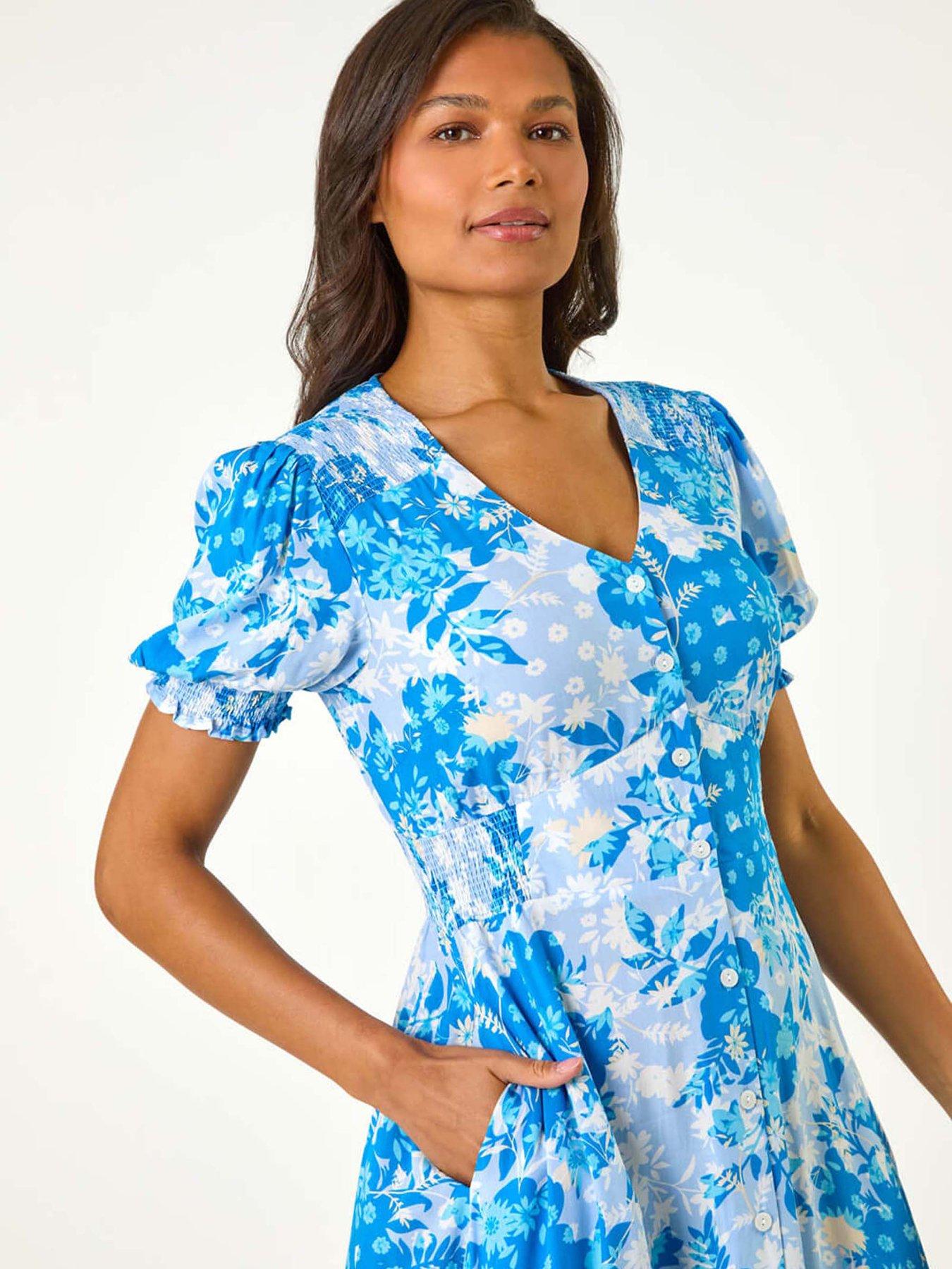 roman-button-through-floral-shirred-midi-dress-blueoutfit