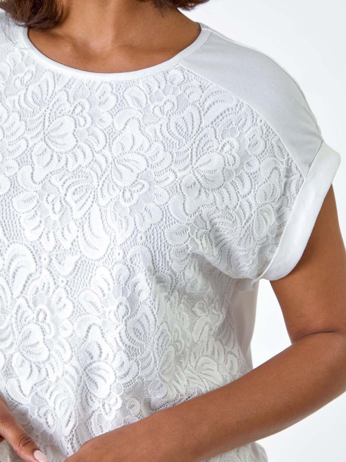 Image 4 of 5 of Roman Lace Panel Stretch Jersey Top - Ivory
