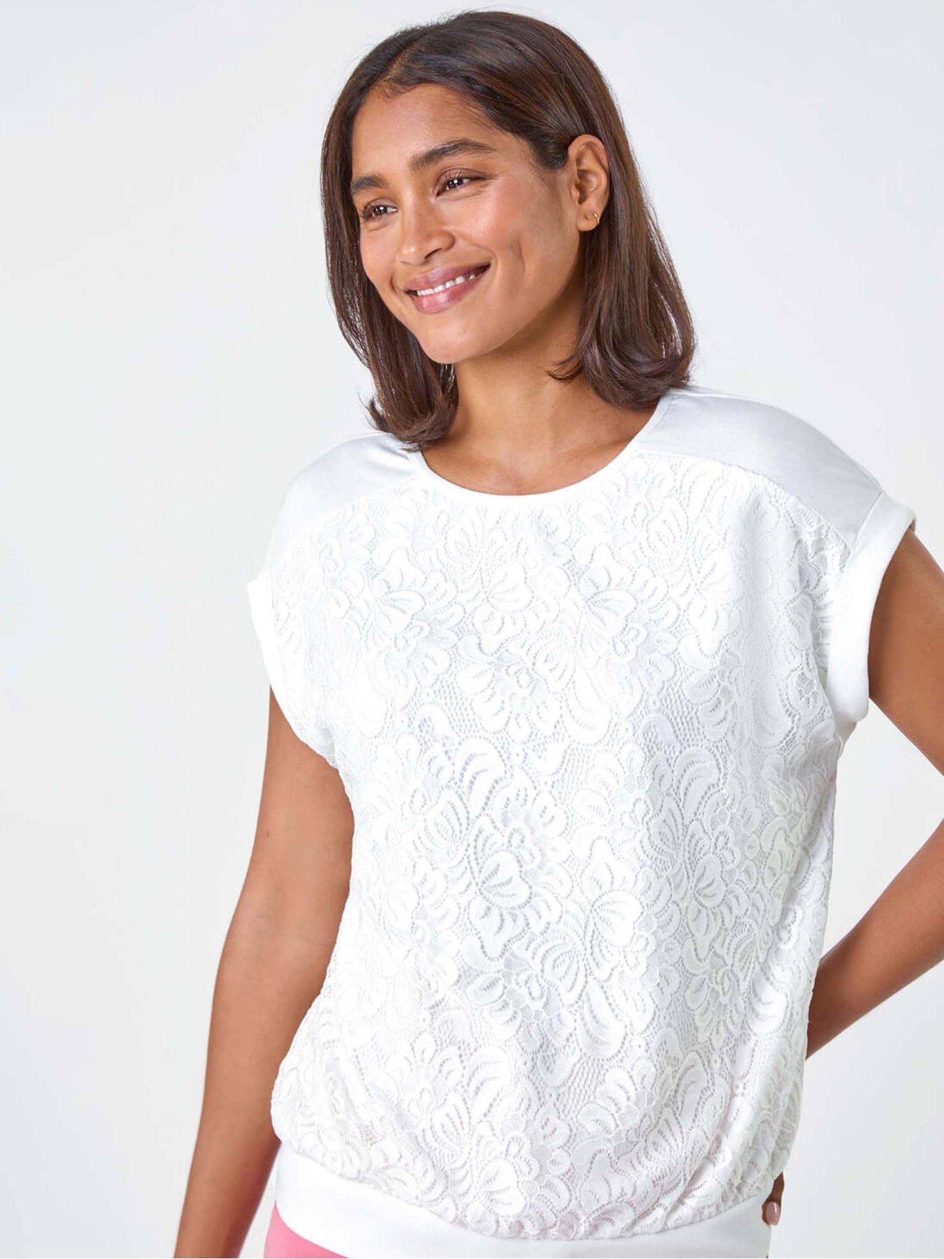 Image 5 of 5 of Roman Lace Panel Stretch Jersey Top - Ivory