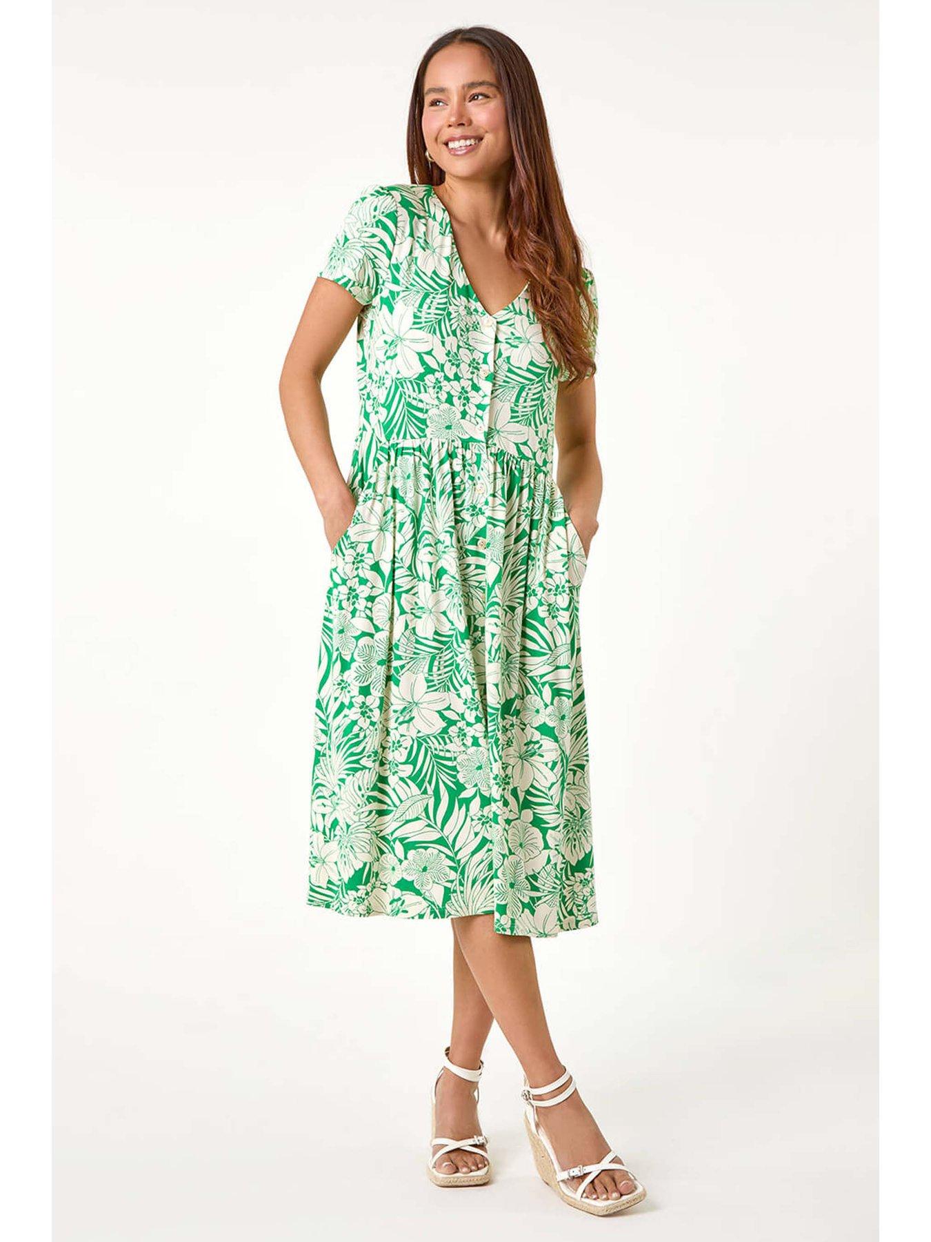 Roman Petite Tropical Pocket Stretch Midi Dress - Green