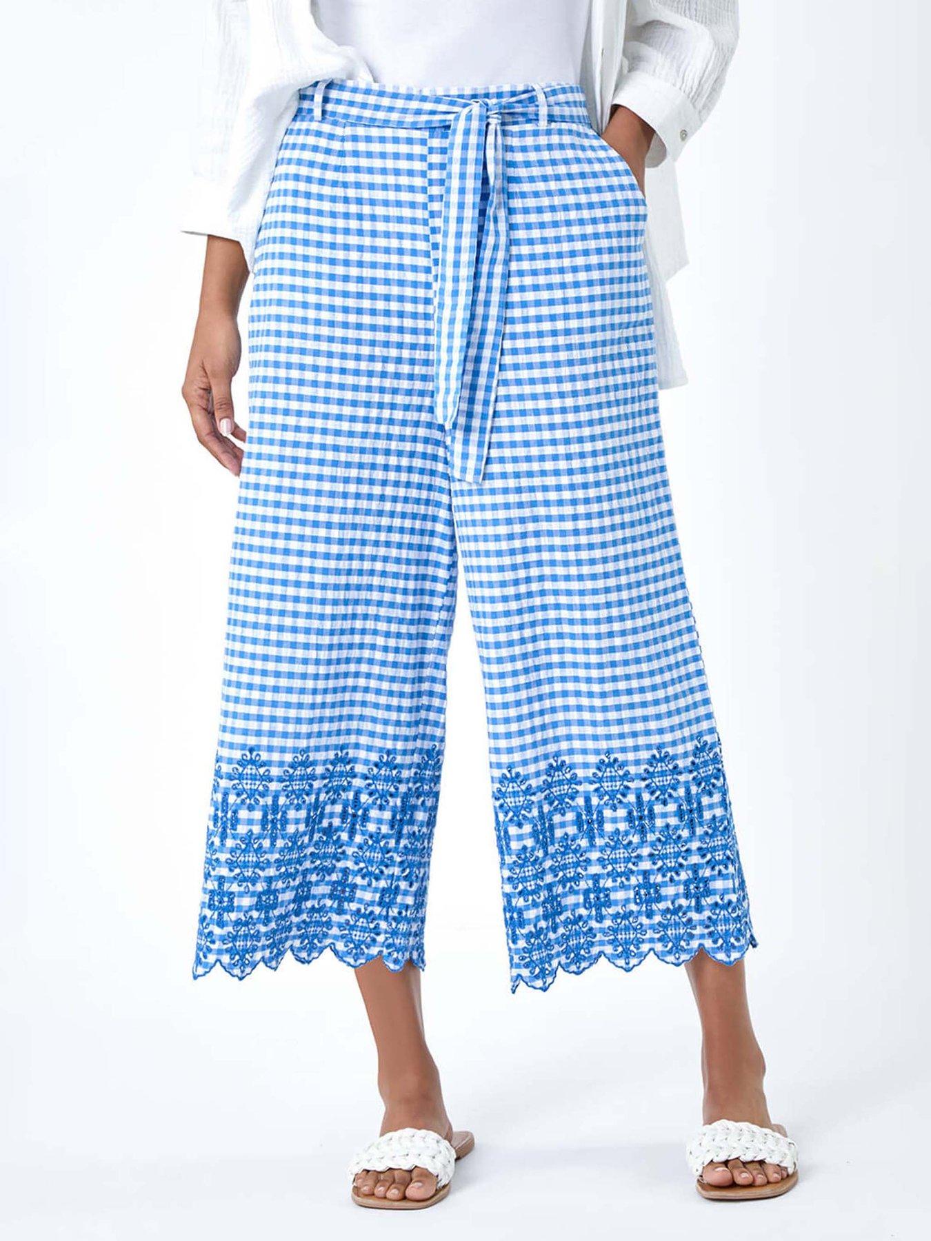 Roman Gingham Cotton Broderie Cropped Trousers - Blue