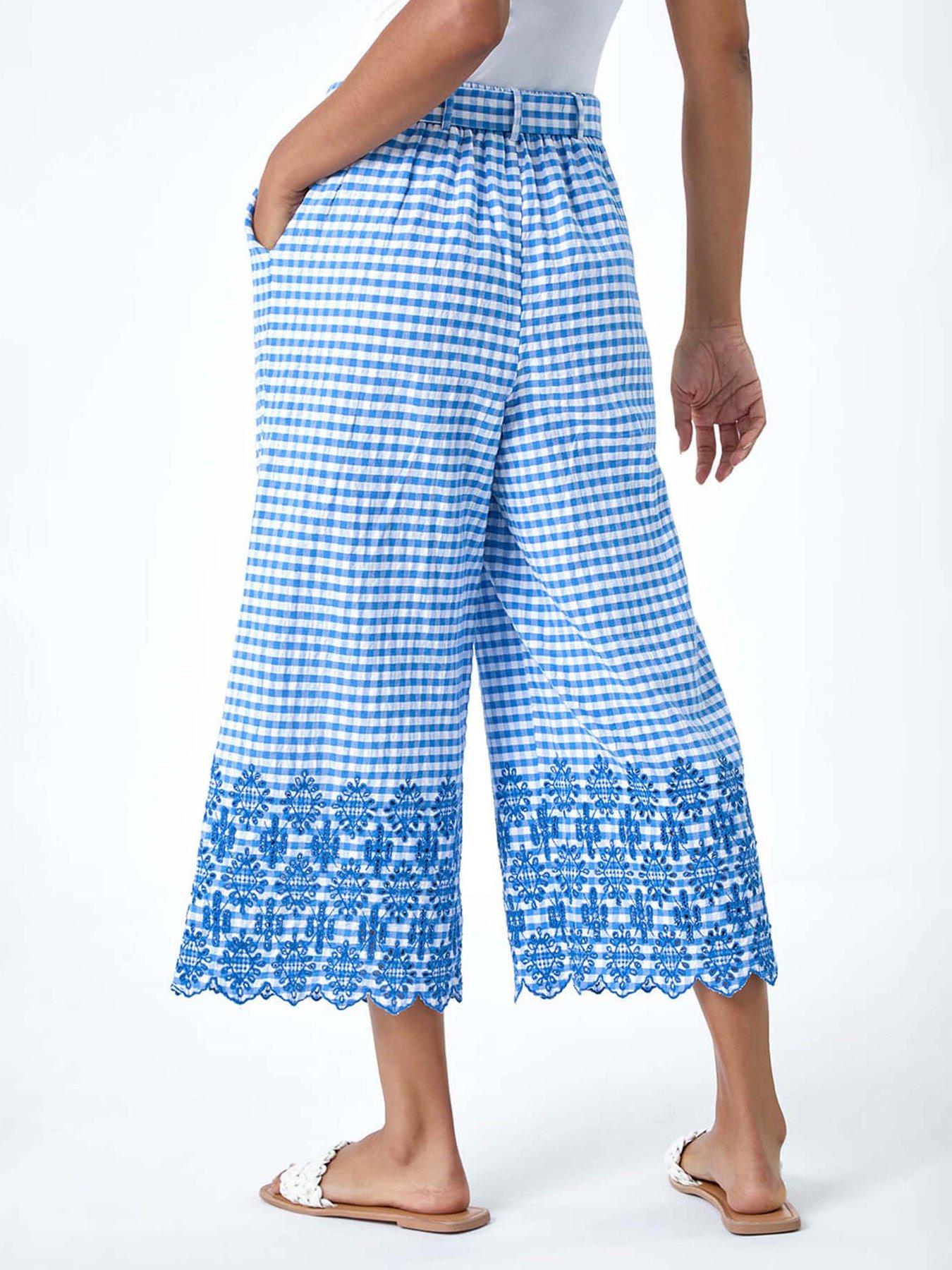 Image 2 of 5 of Roman Gingham Cotton Broderie Cropped Trousers - Blue