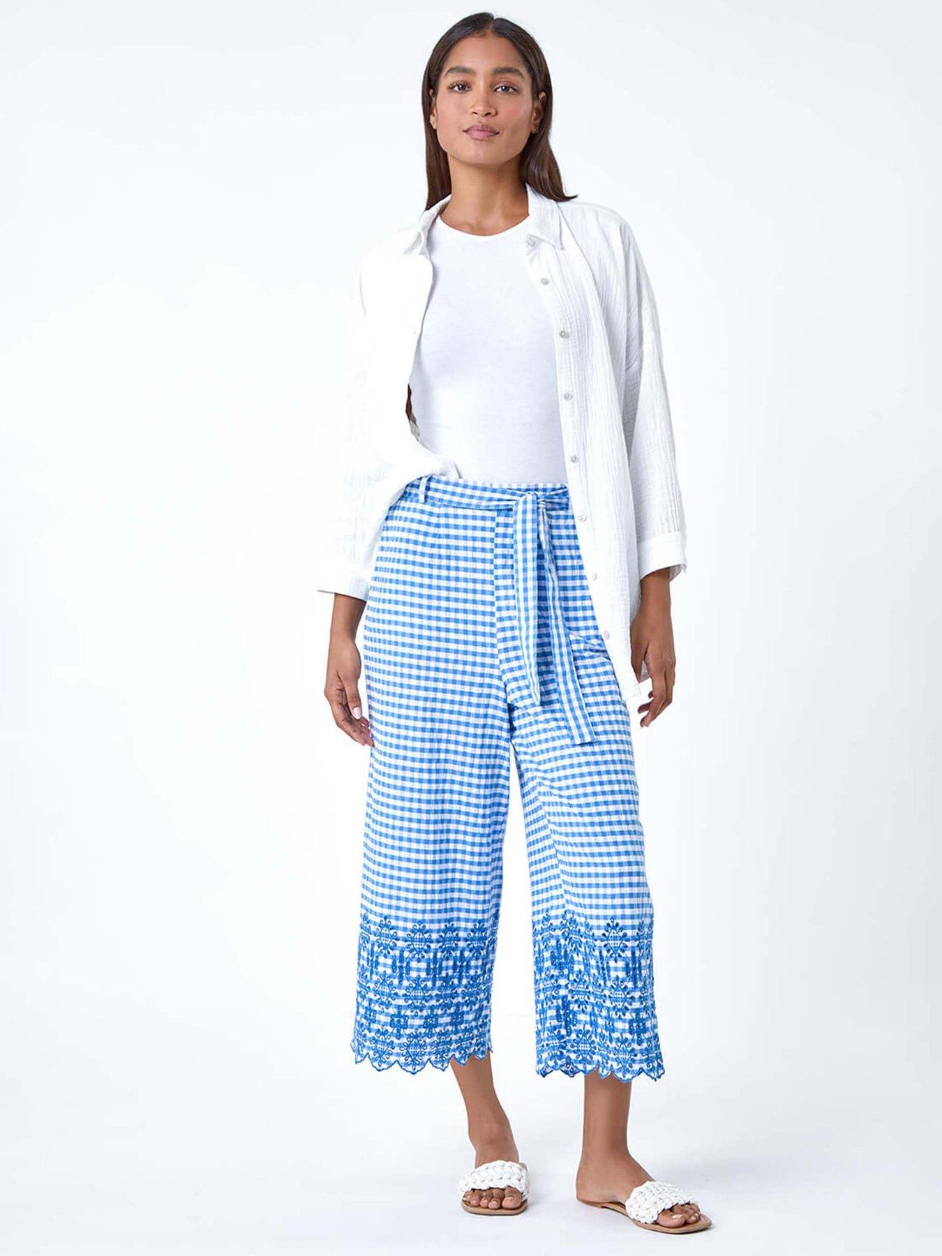 Image 3 of 5 of Roman Gingham Cotton Broderie Cropped Trousers - Blue