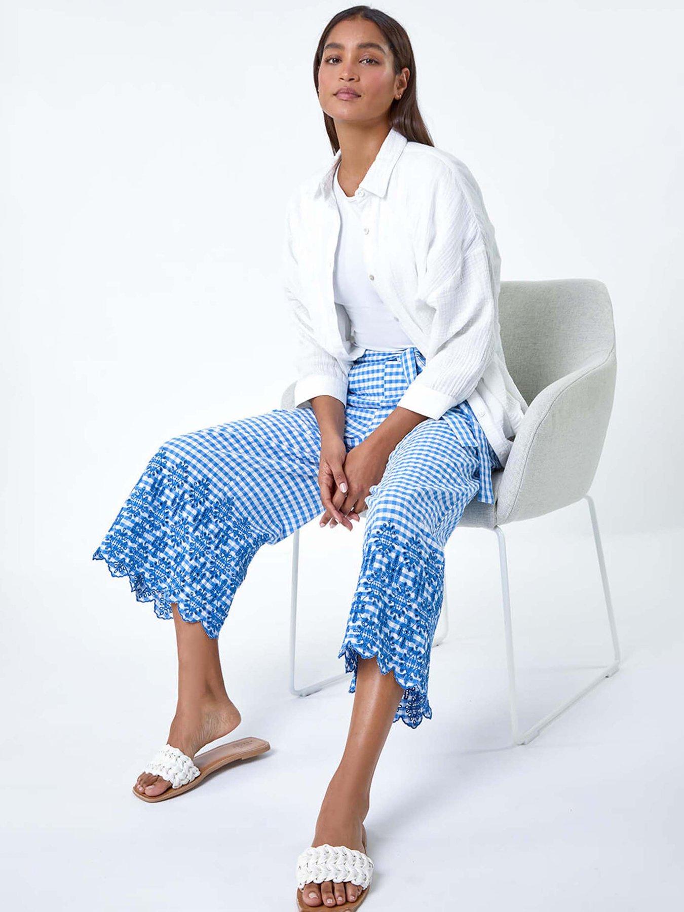 Image 4 of 5 of Roman Gingham Cotton Broderie Cropped Trousers - Blue
