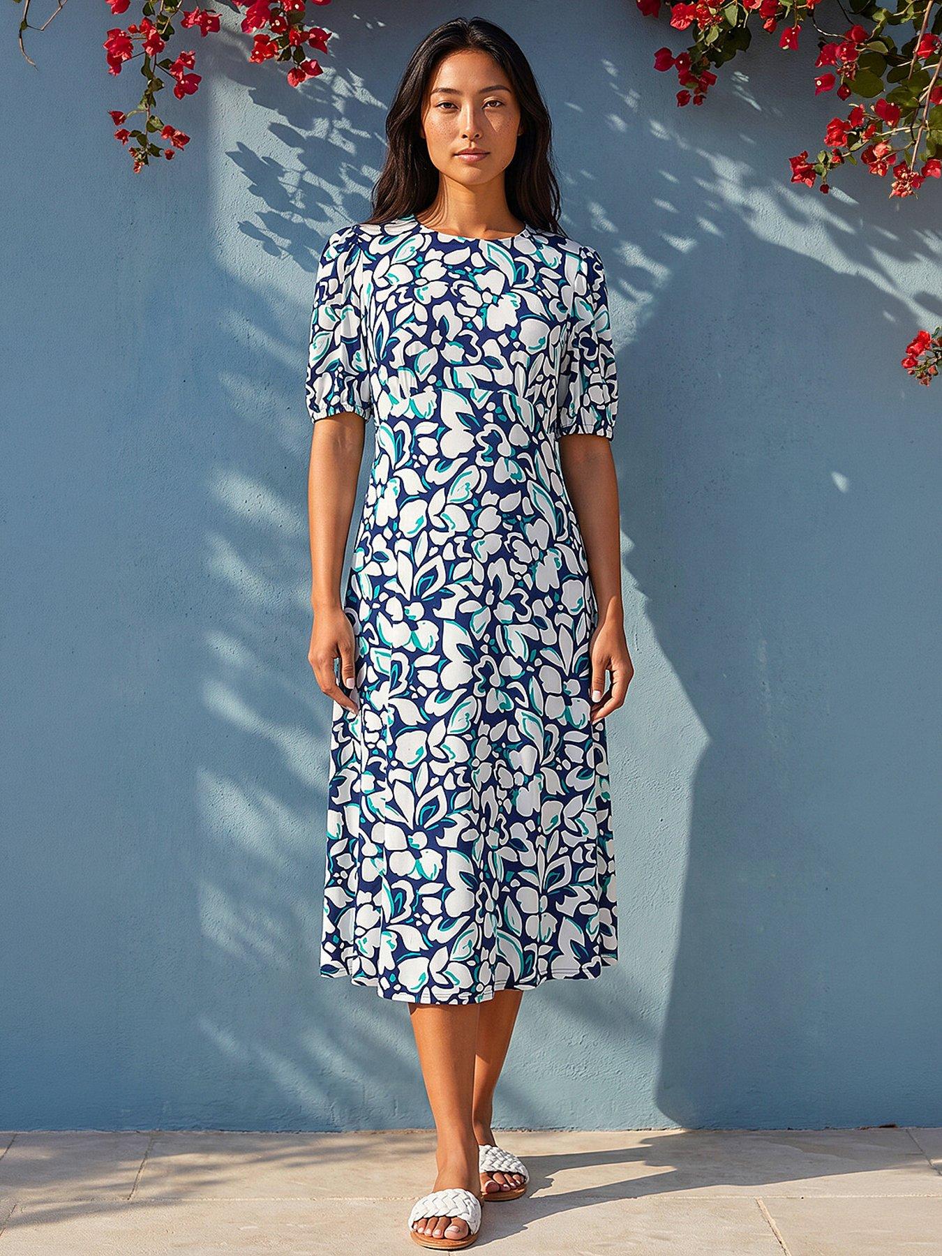 Roman Petite Floral Stretch Midi Dress - Navy