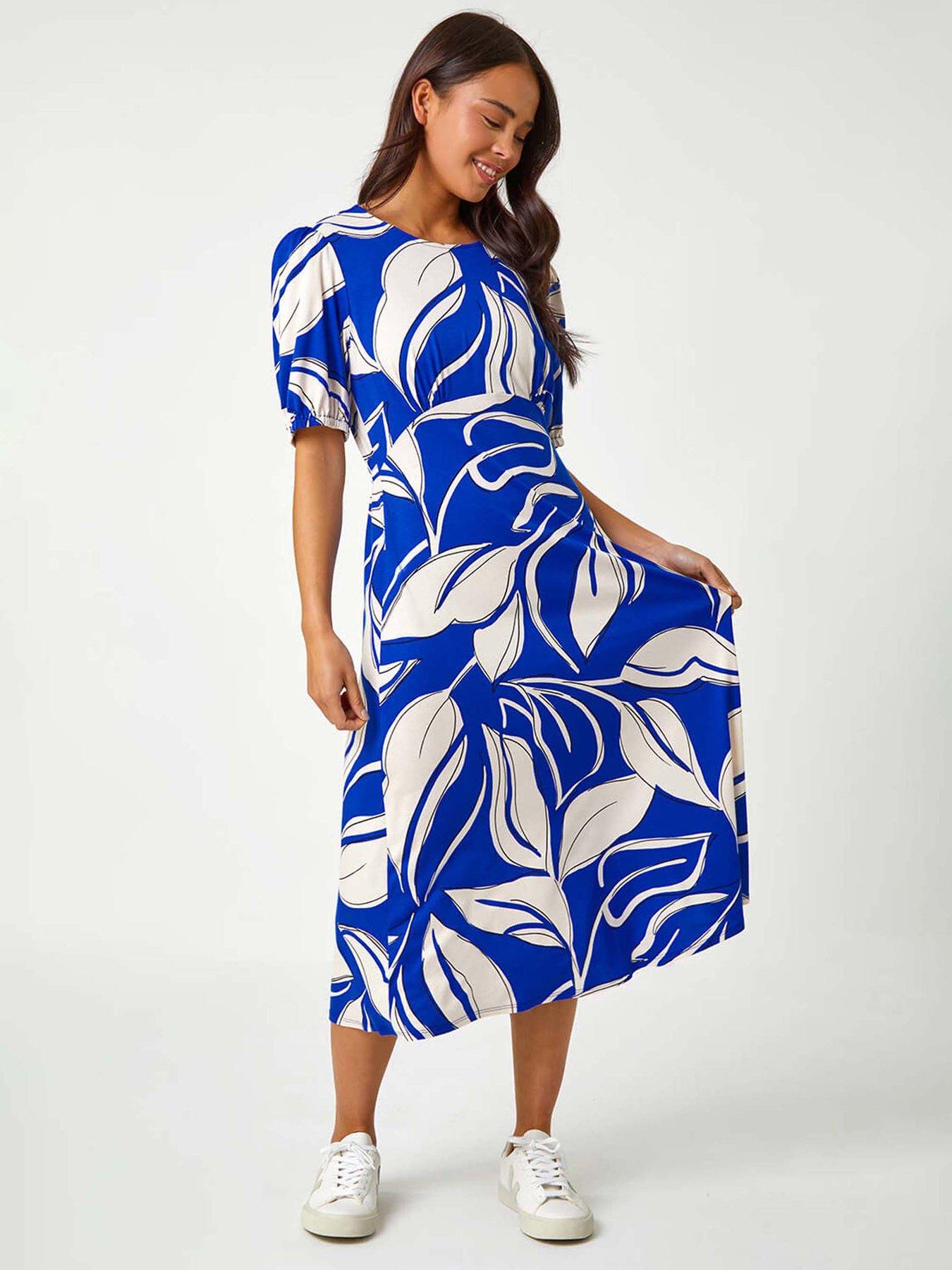 Roman Petite Leaf Stretch Midi Dress - Royal Blue