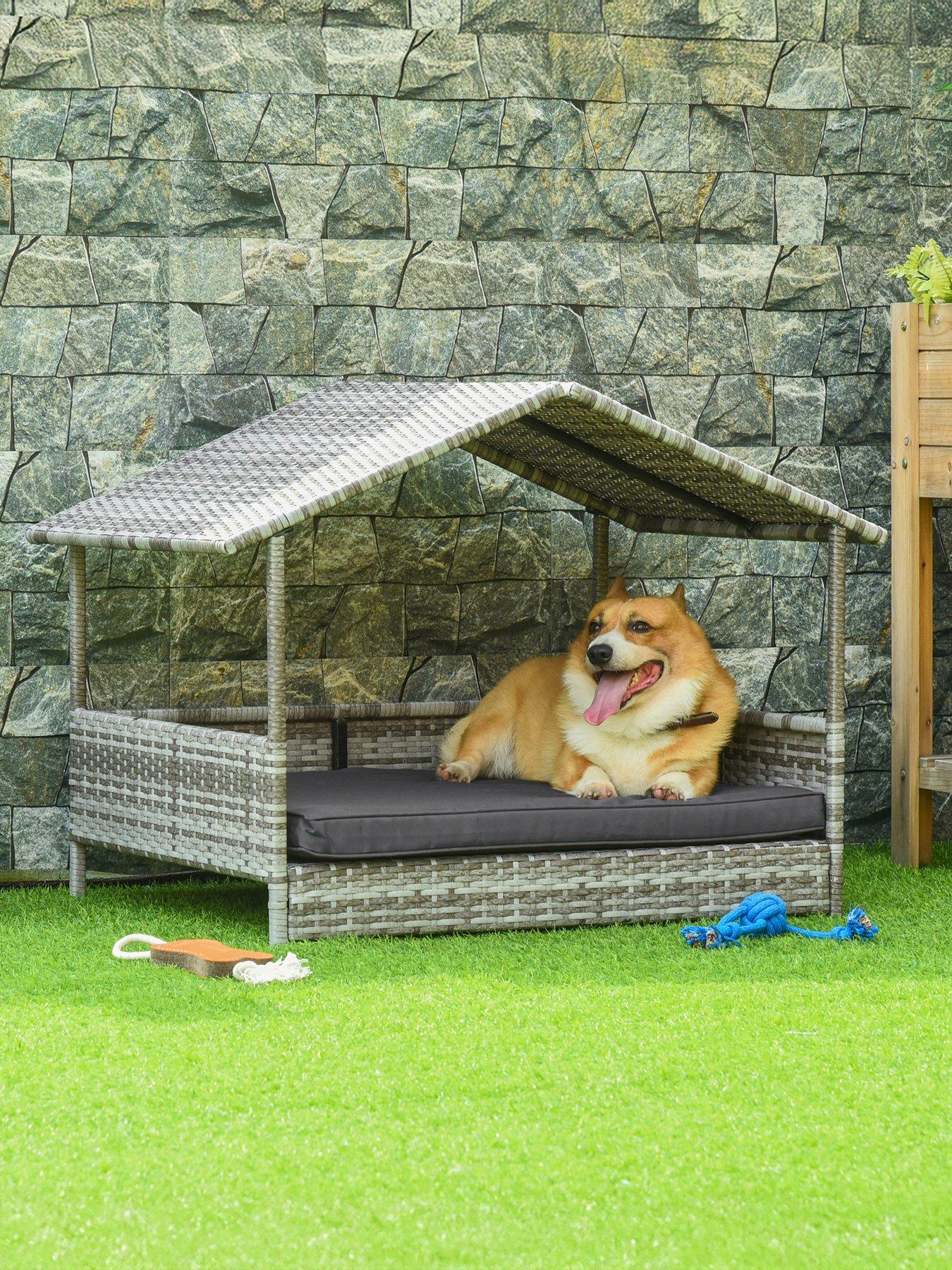 Image 1 of 7 of PawHut Rattan Pet Bed with Soft Cushion- Dark Grey