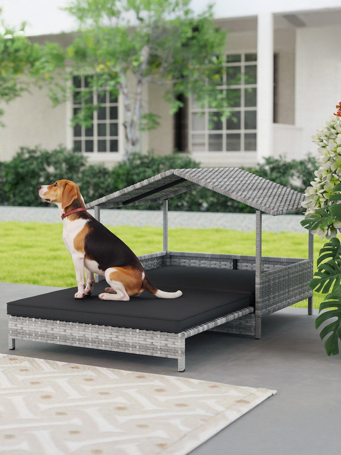 pawhut-extendable-rattan-pet-bed-with-water-resistant-roof-charcoal-grey