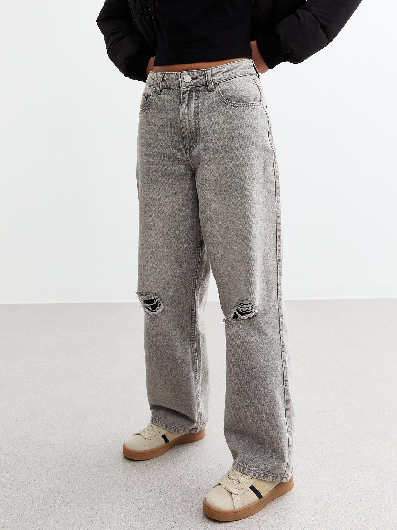 undefined Ripped Wide Leg Jeans - Grey