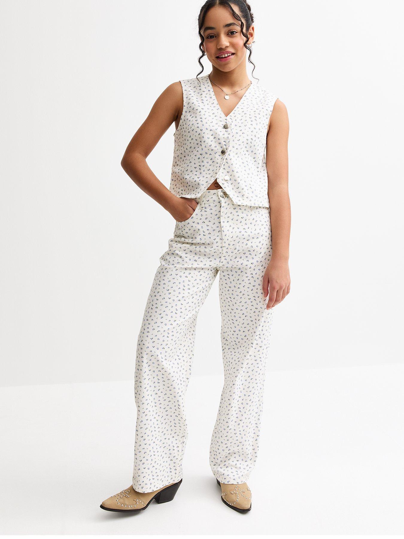 undefined Co Ord Daisy Print Wide Leg Jeans - White