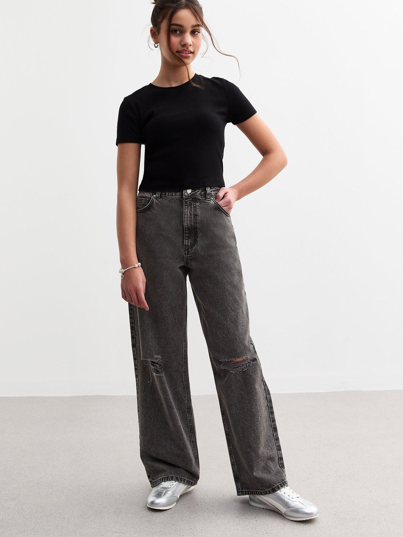 Image 1 of 5 of New Look 915 Trinity Ripped Wide Leg Jeans - Black