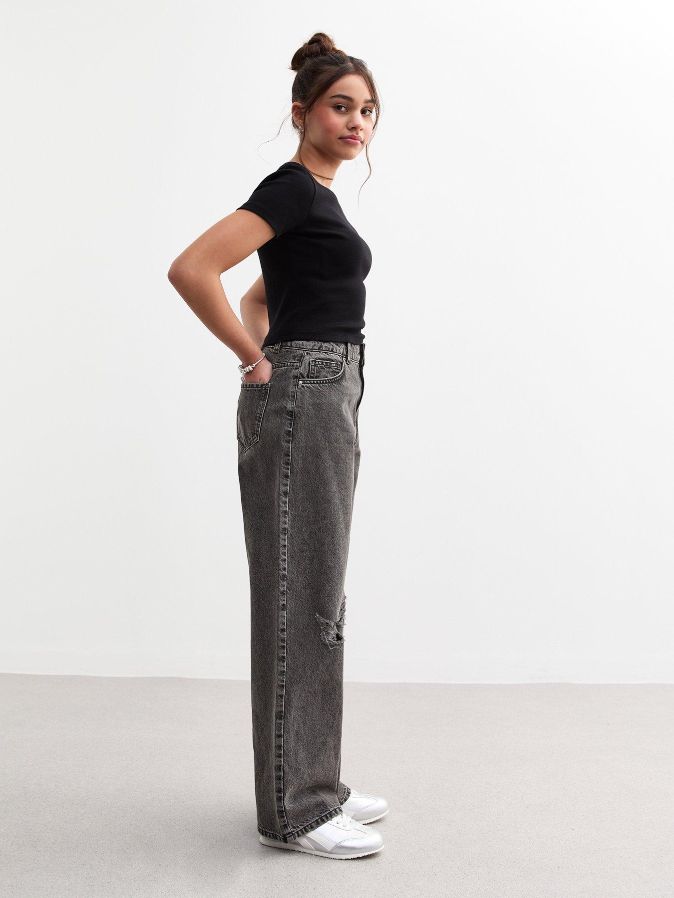 Image 2 of 5 of New Look 915 Trinity Ripped Wide Leg Jeans - Black