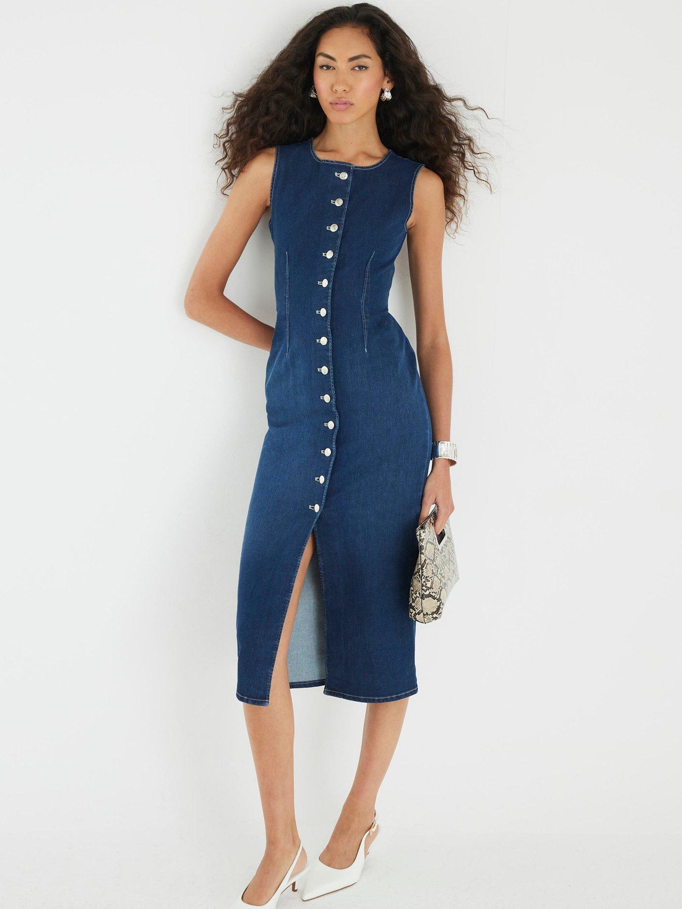 Image 1 of 4 of River Island Bea Button Front Midi Dress - Blue