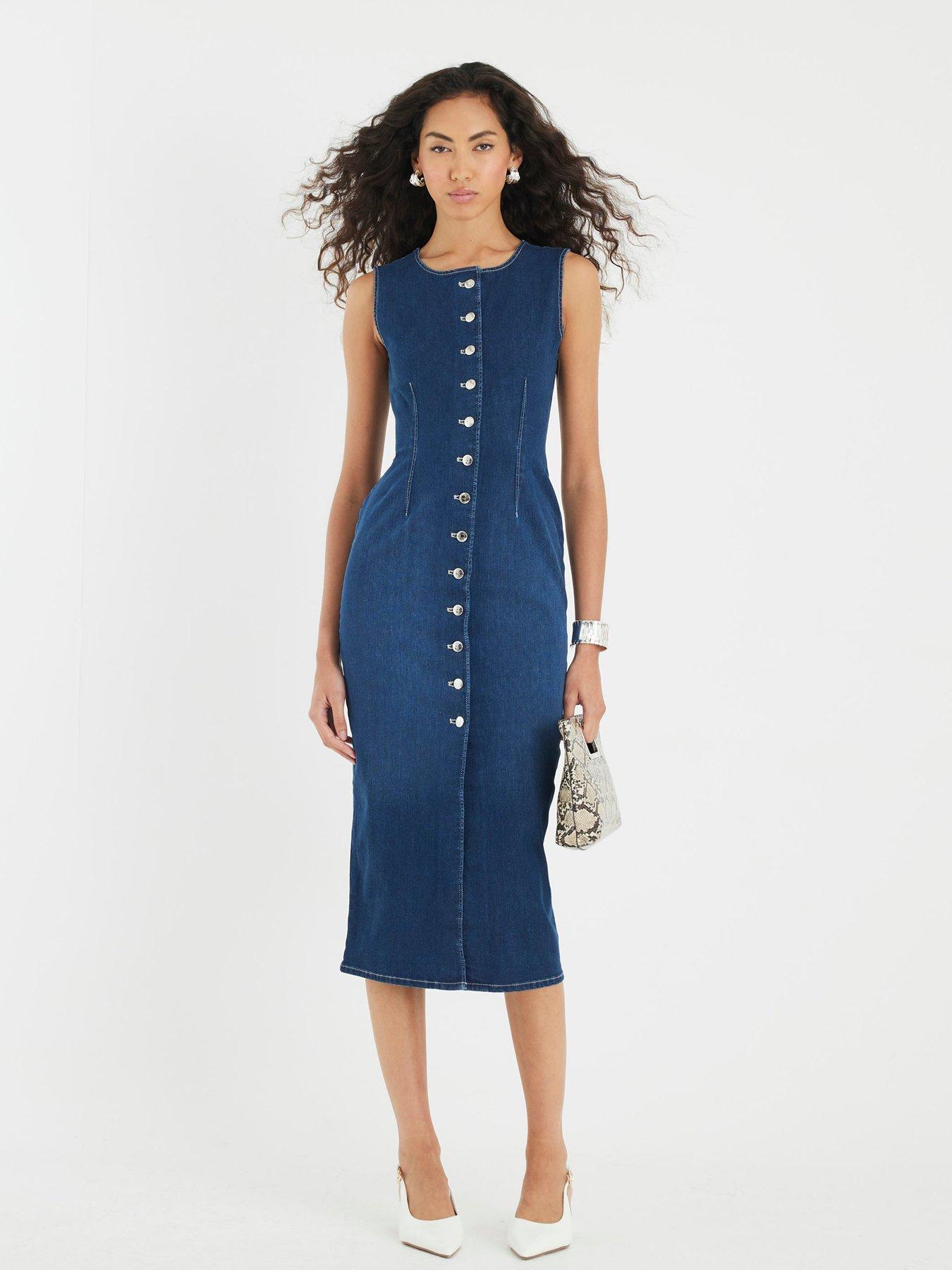 Image 3 of 4 of River Island Bea Button Front Midi Dress - Blue