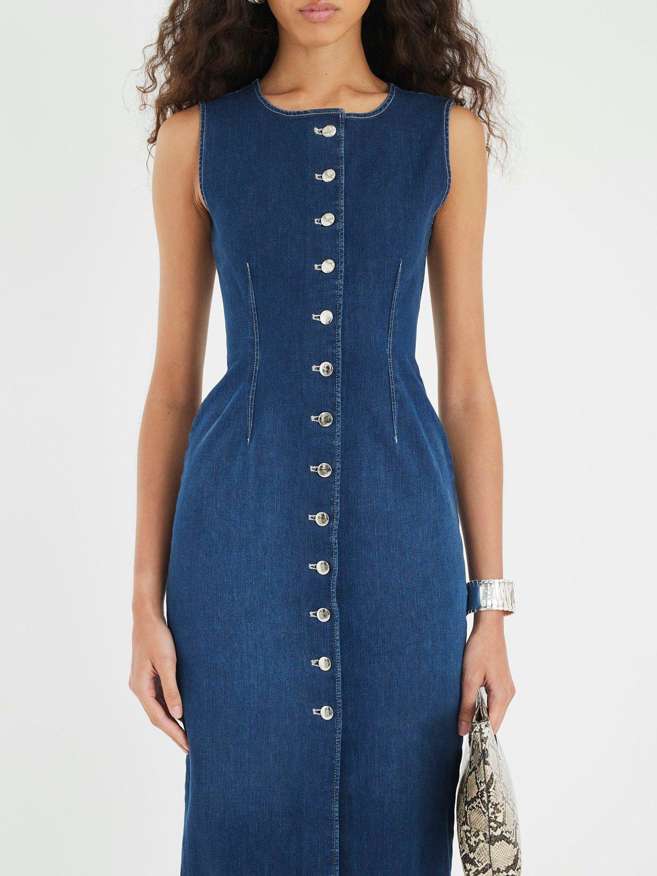 Image 4 of 4 of River Island Bea Button Front Midi Dress - Blue