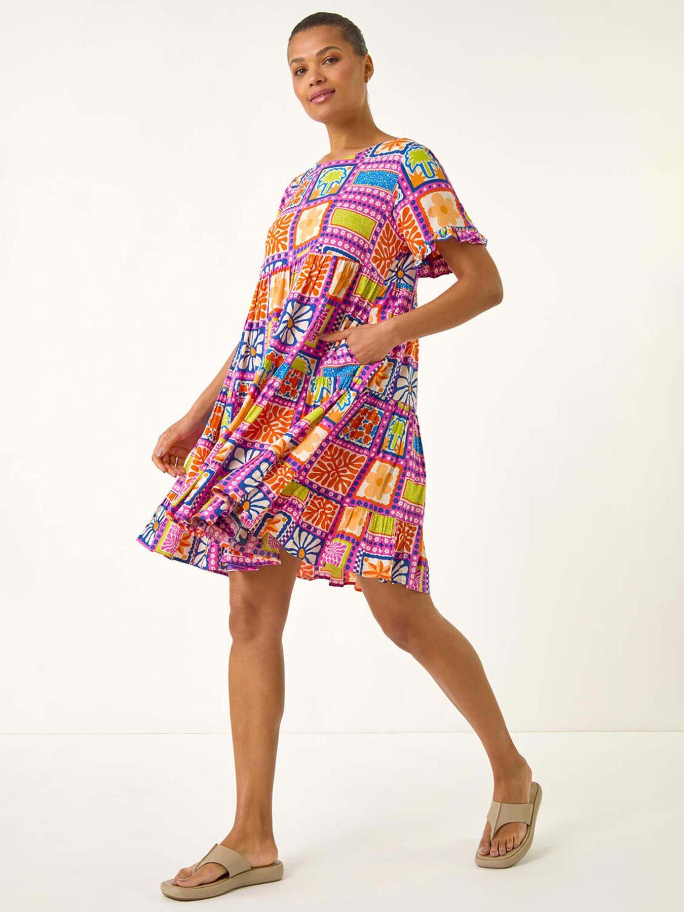 Roman Tiled Tiered Frill Smock Dress - Pink
