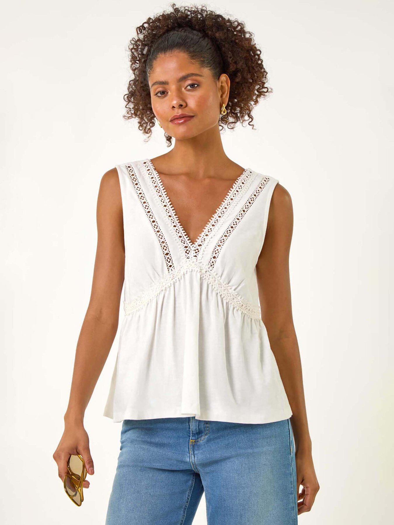 Image 4 of 5 of Roman Detailed Trim V-neck Top - White