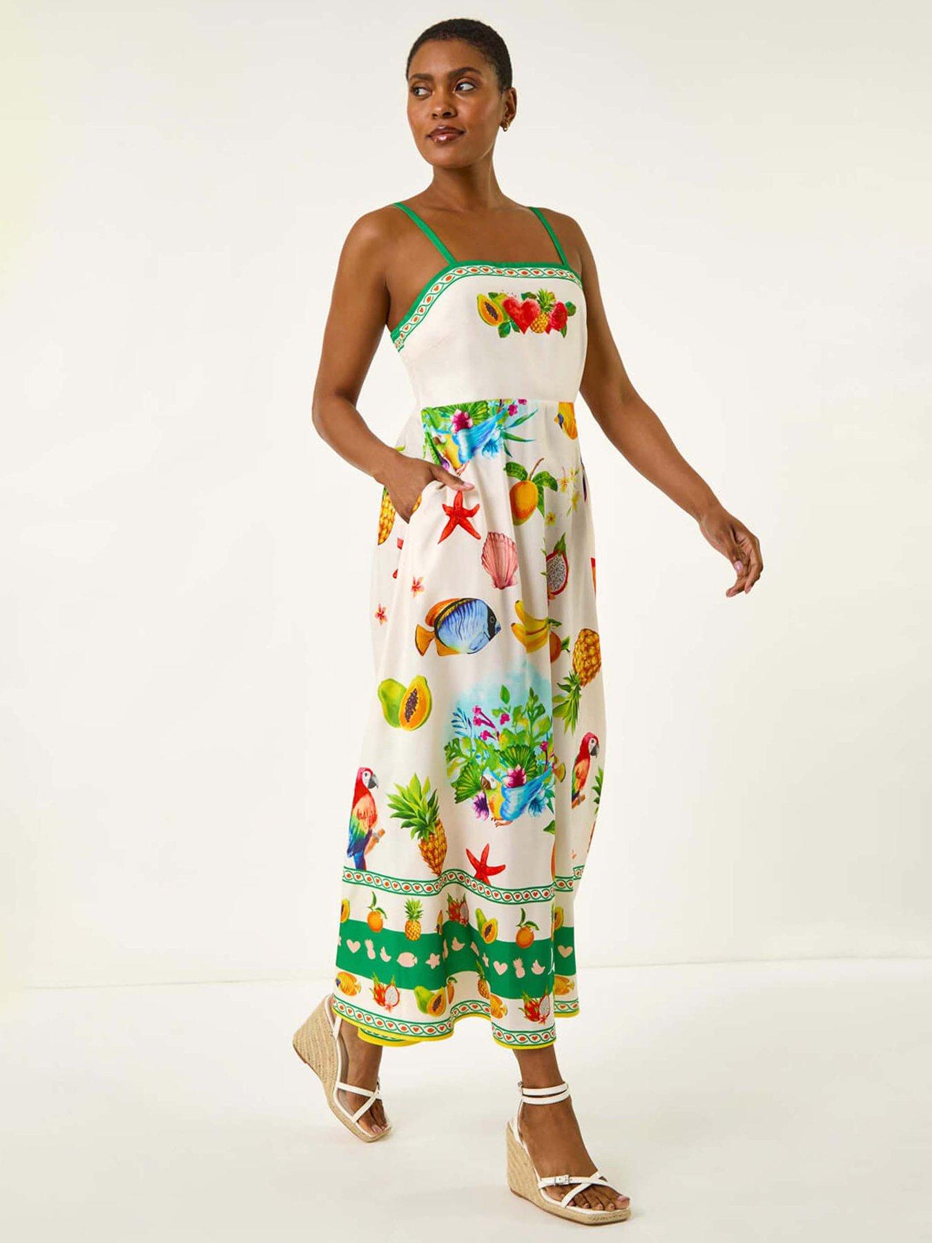 Roman Fruit Print Strap Detail Midi Dress - White
