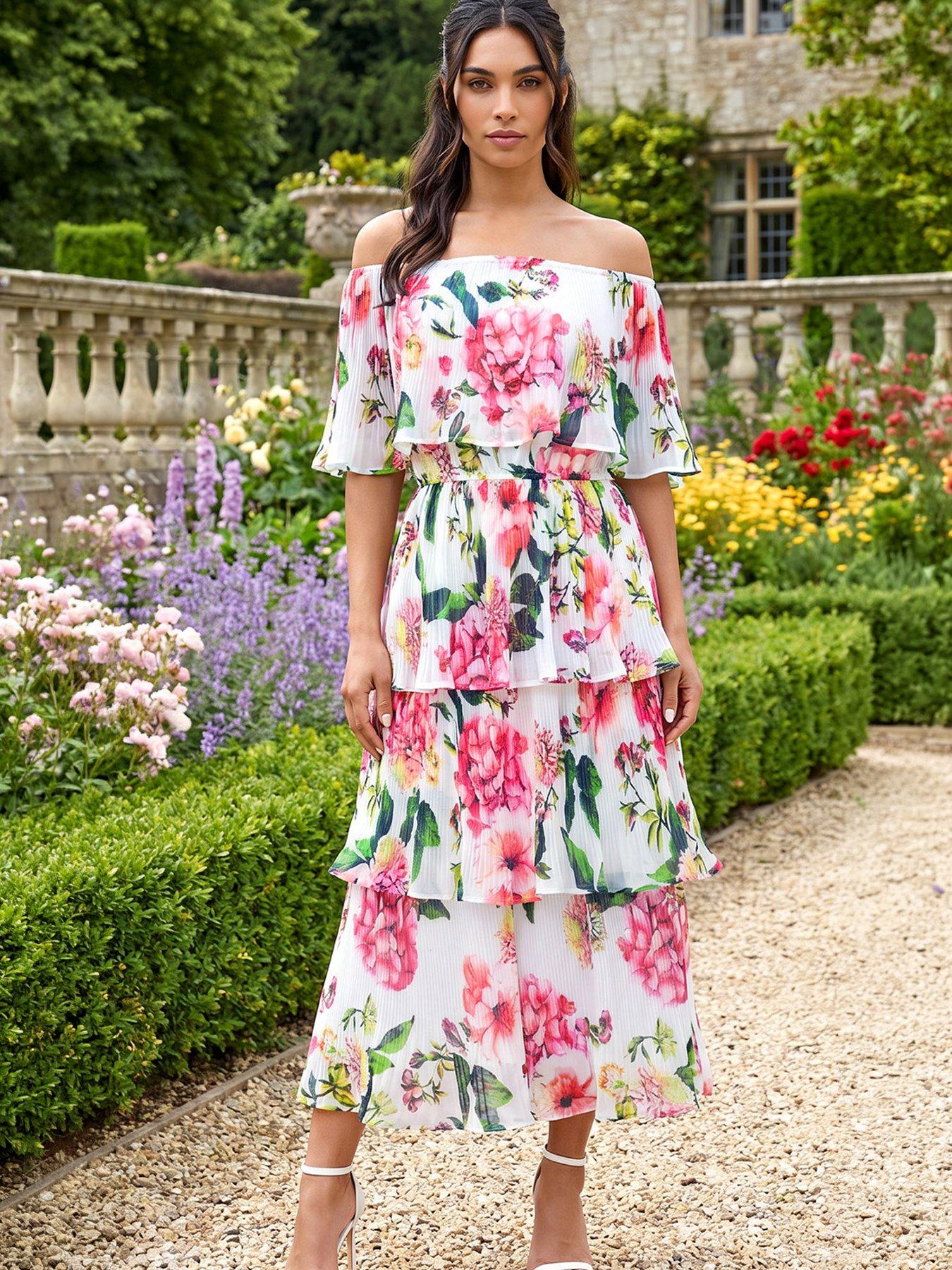 Roman Bardot Floral Tiered Dress - Ivory