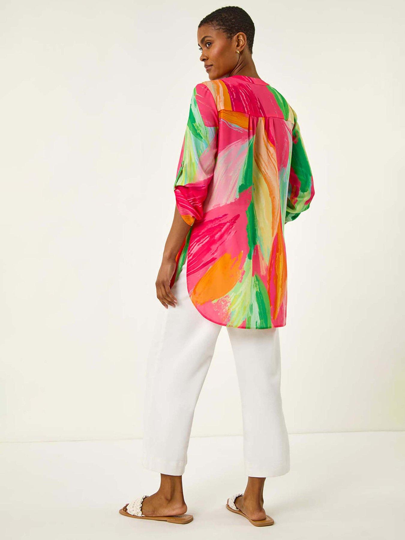 roman-abstract-print-v-neck-button-blouse-pinkstillFront