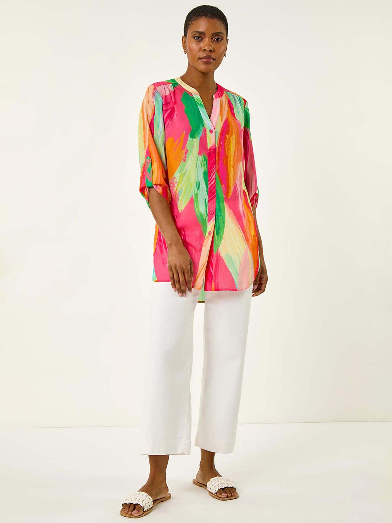 roman-abstract-print-v-neck-button-blouse-pinkback