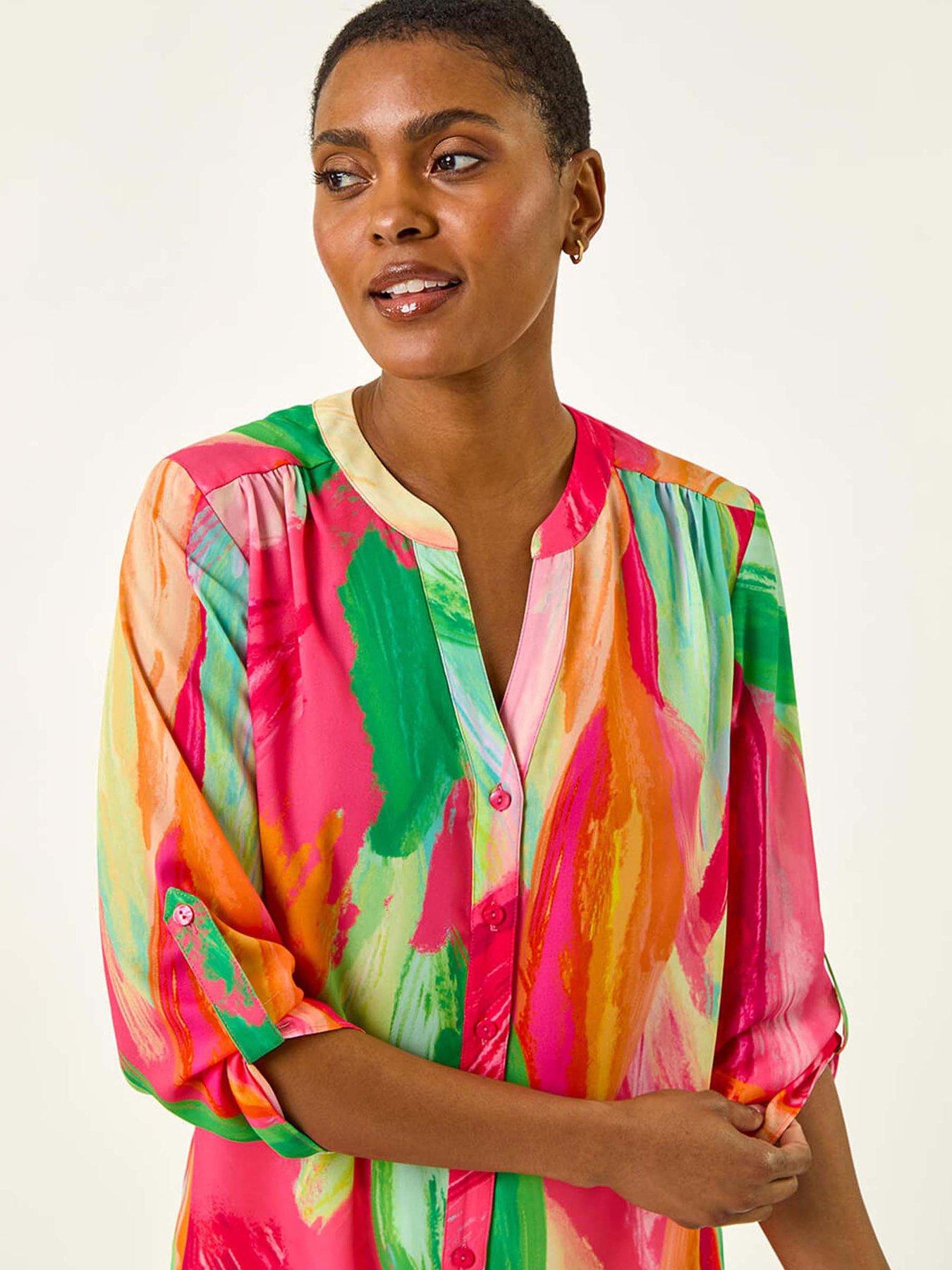 roman-abstract-print-v-neck-button-blouse-pinkoutfit