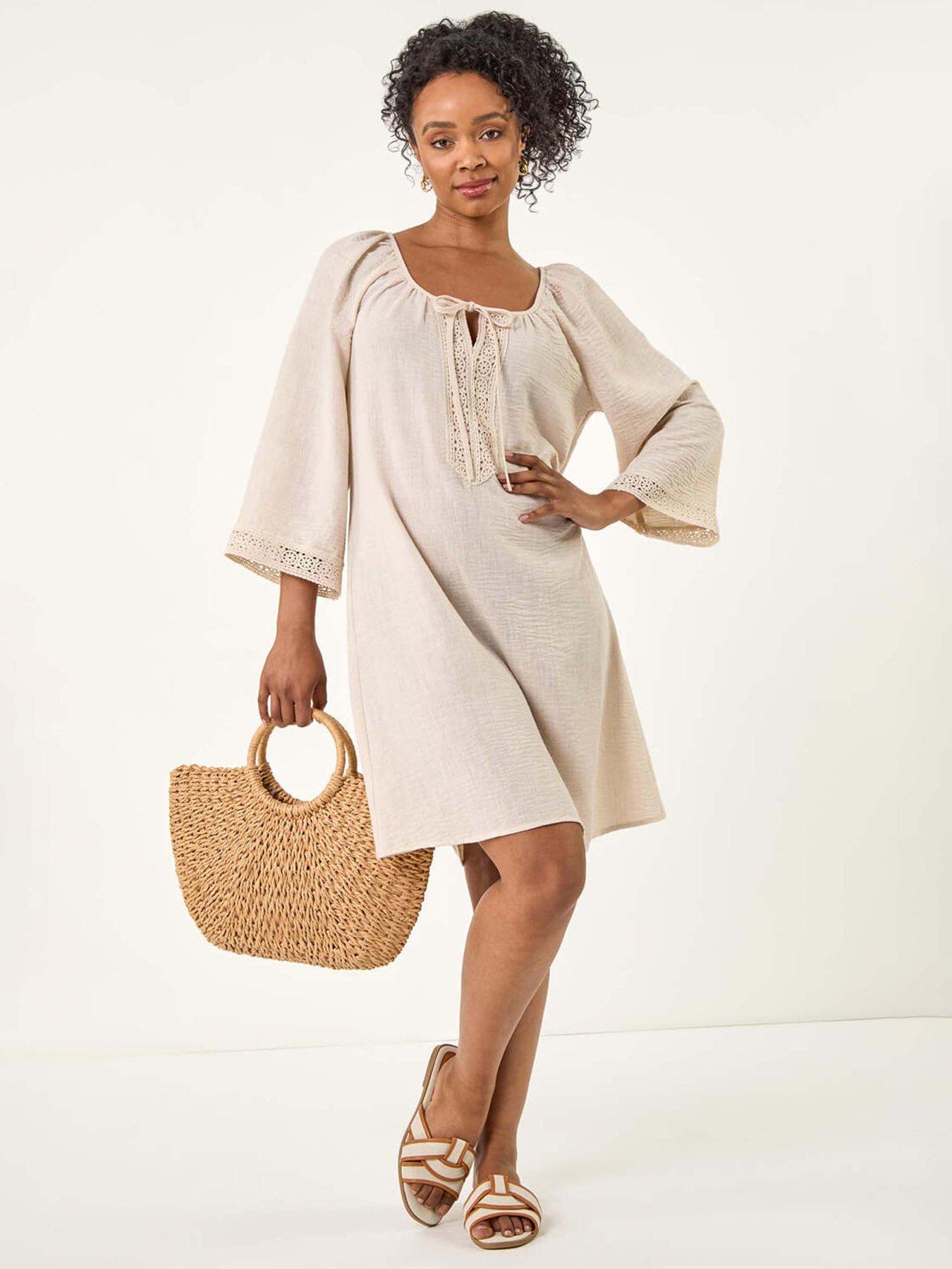 Roman Petite Lace Trim Dress - Stone