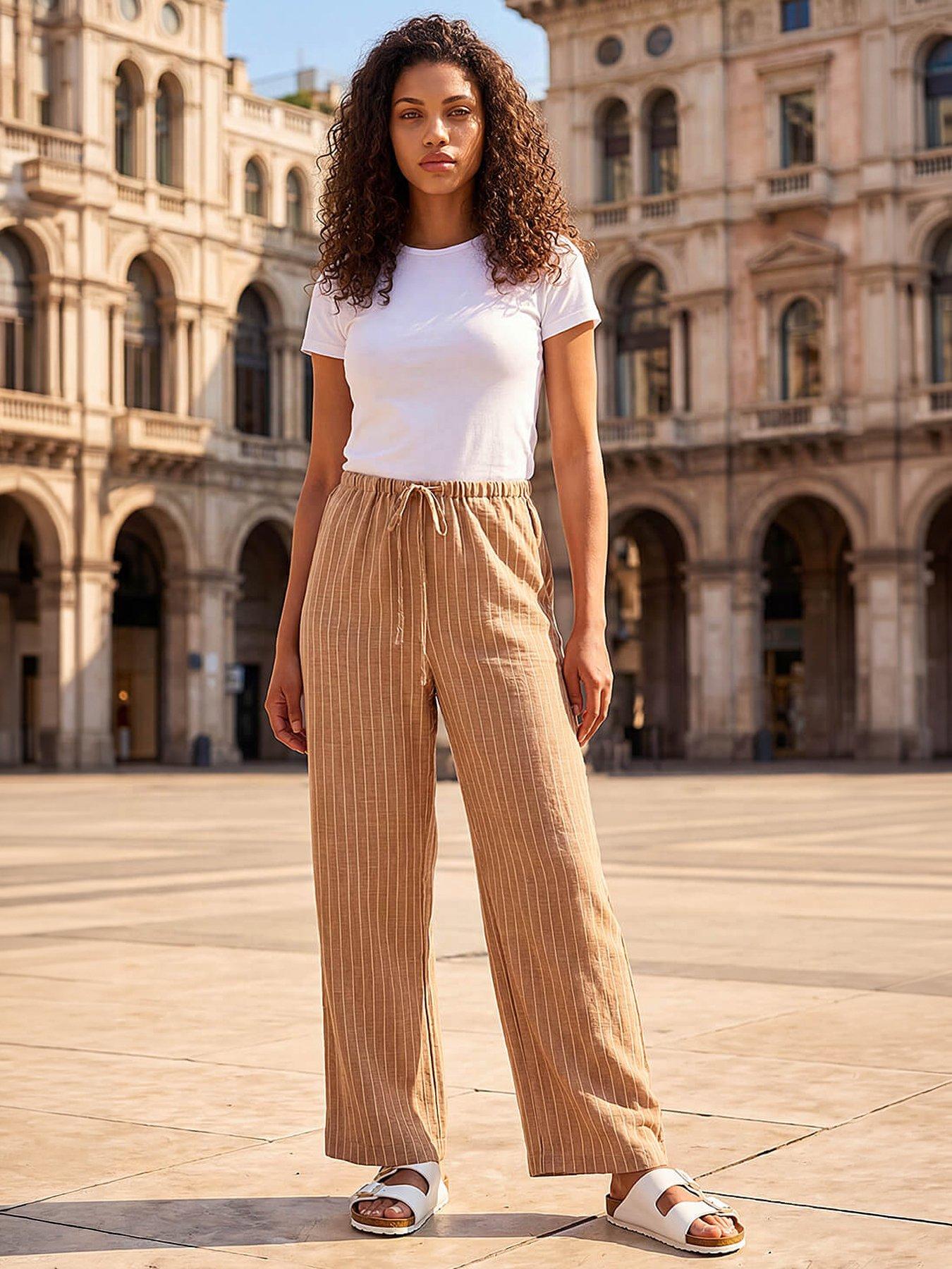 Roman Petite Stripe Pull On Stretch Trouser - Stone