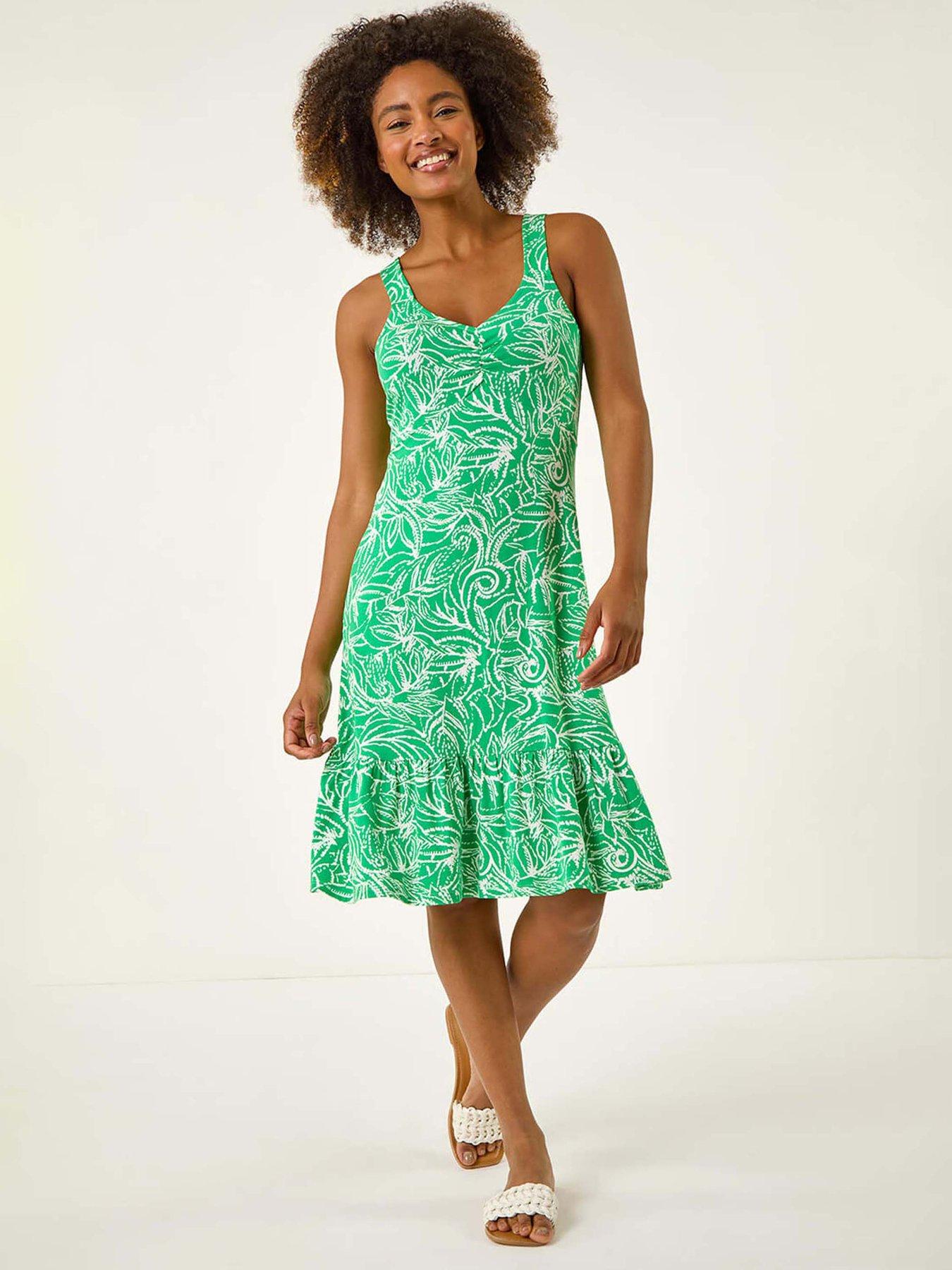 Roman Leaf Print Strappy Frill Dress - Green