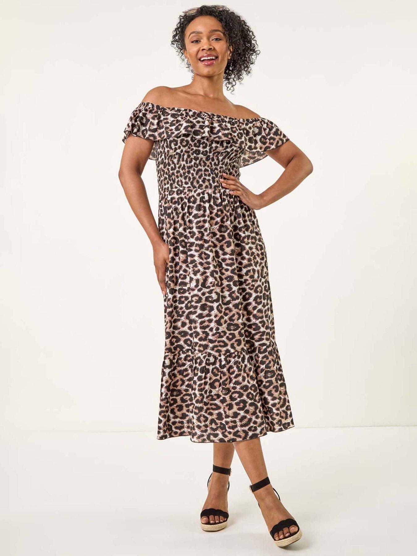 Roman Petite Animal Print Bardot Midi Dress - Beige