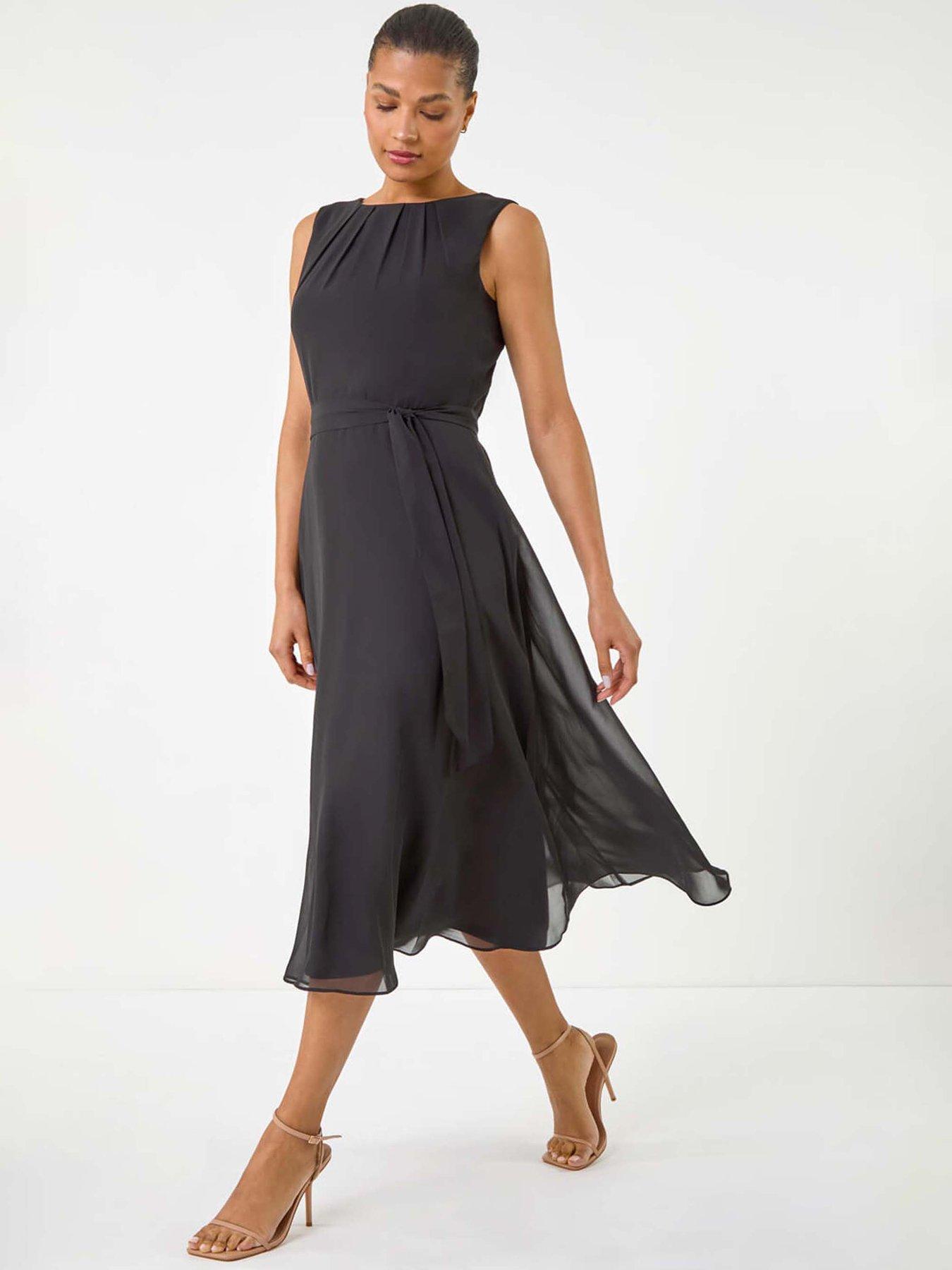 Roman Chiffon Pleat Neck Midi Dress - Black