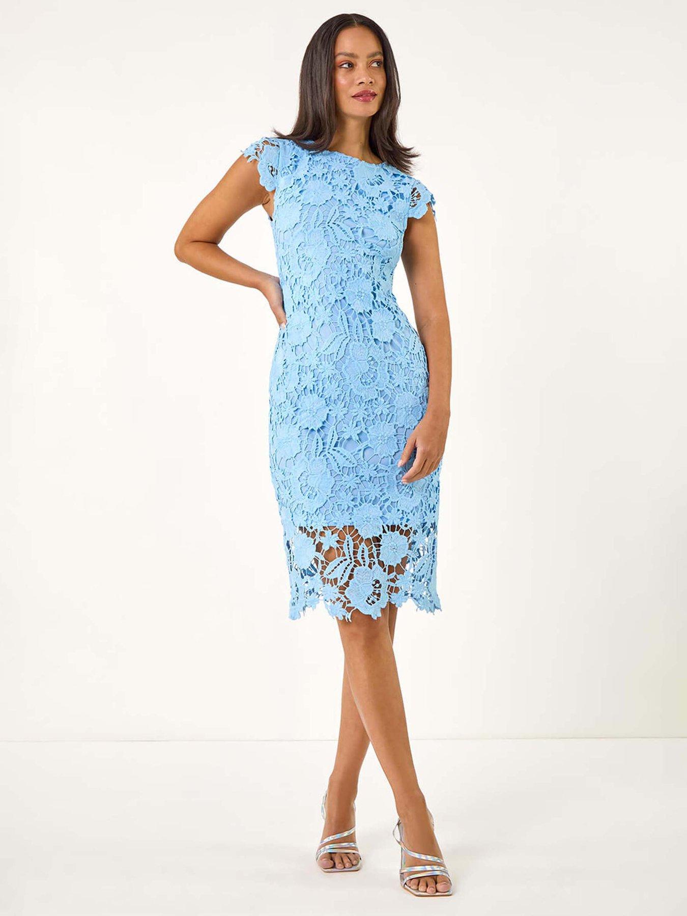 Roman Dusk Floral Lace Crochet Dress - Blue