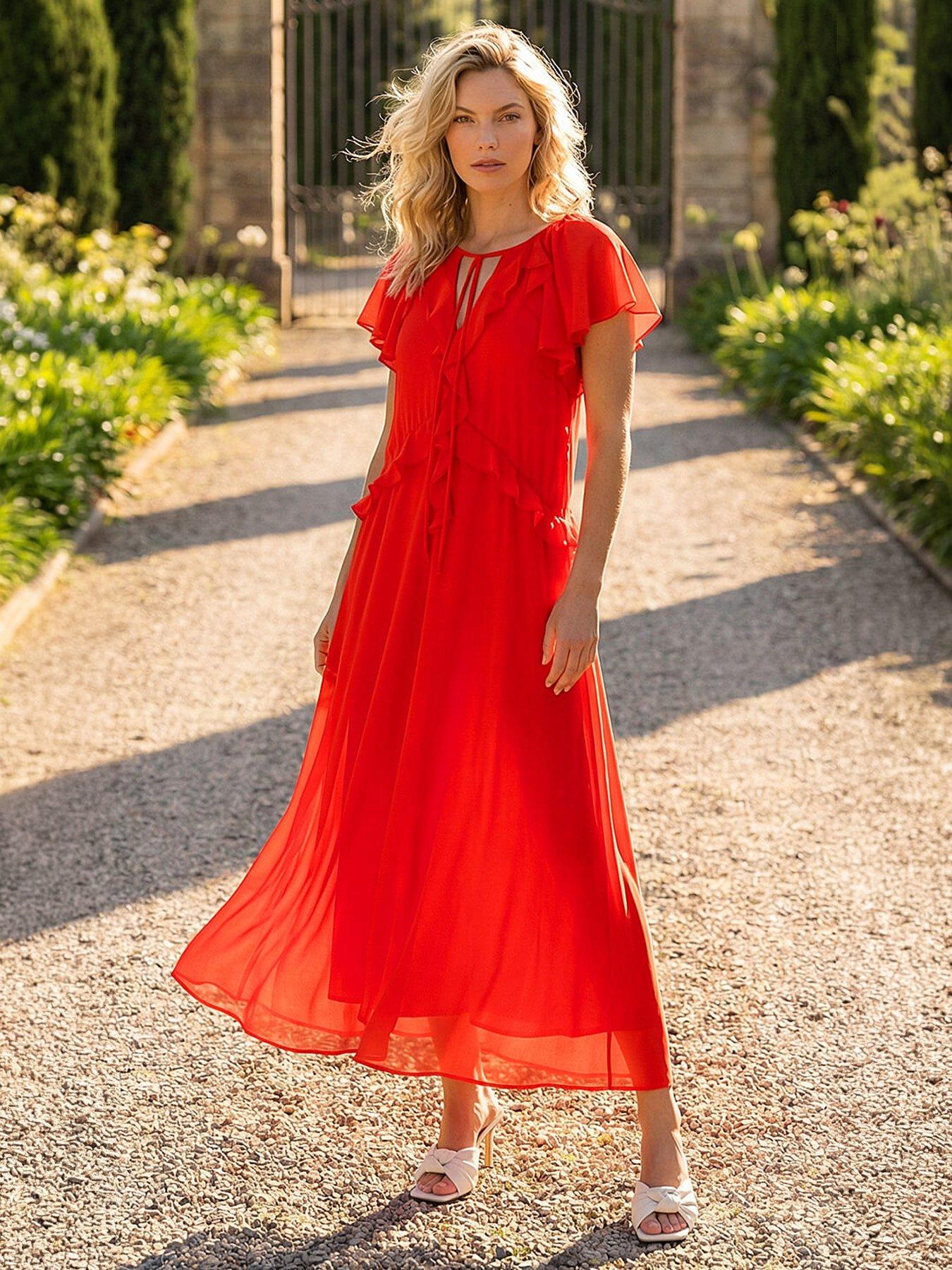 Roman Frill Tie Neck Maxi Dress - Red