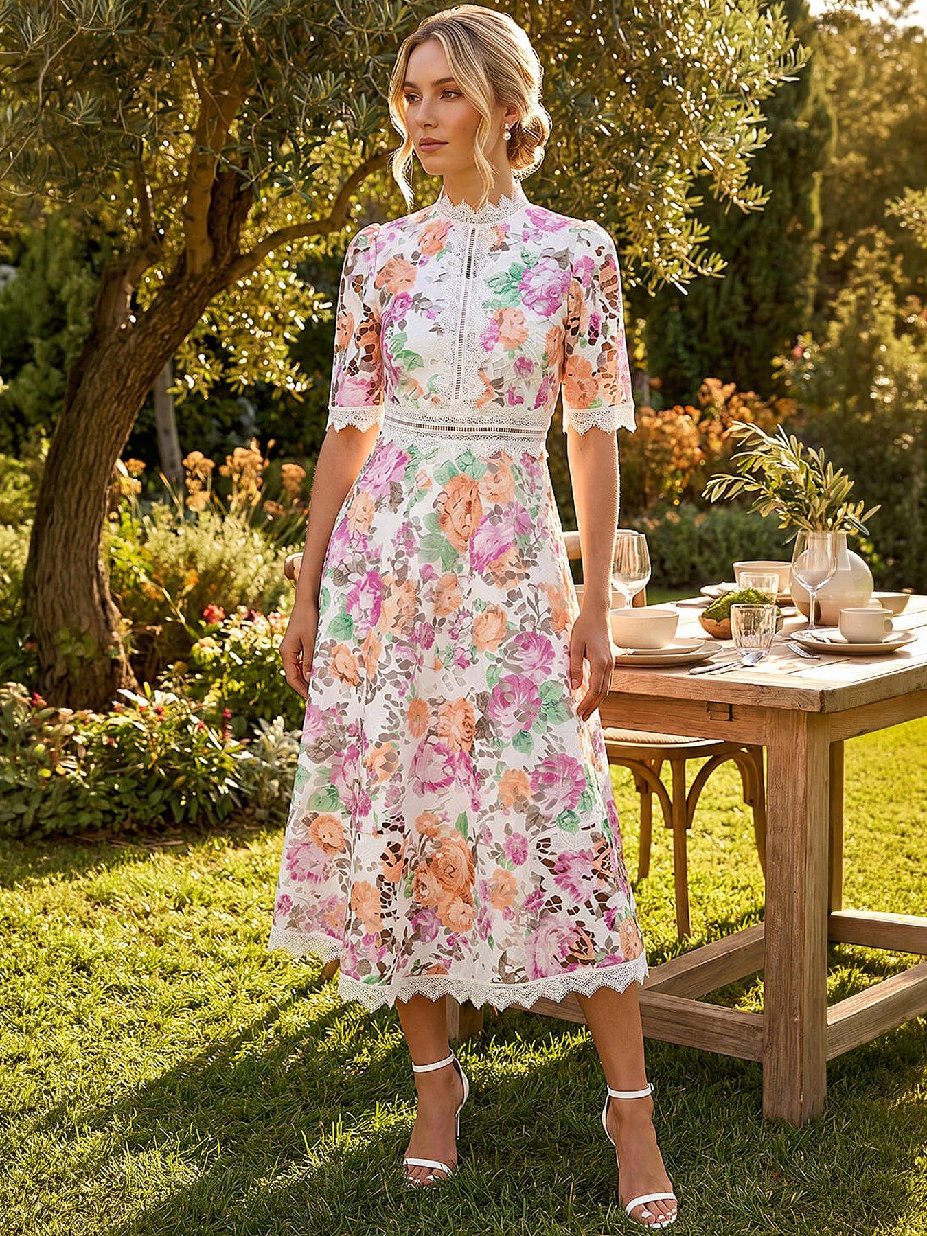 Roman Floral Lace Midi Dress - White