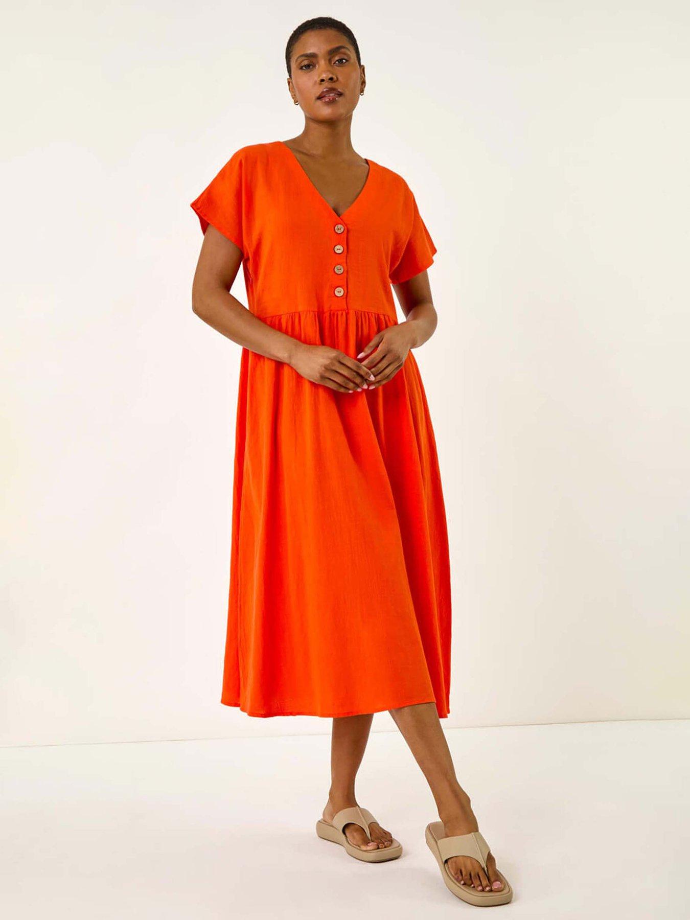 Roman Linen Look Button Midi Dress - Orange