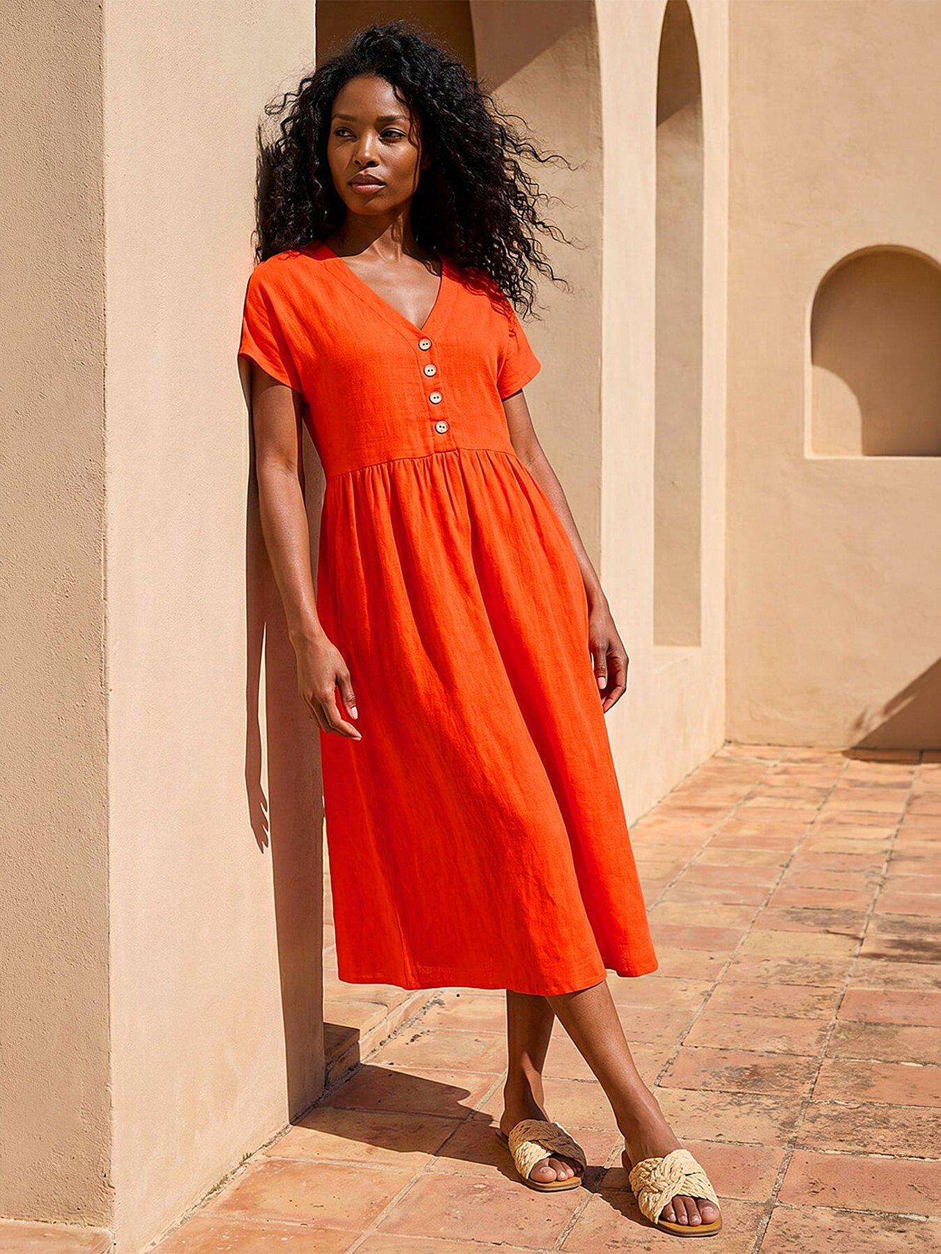 Roman Linen Look Button Midi Dress - Orange