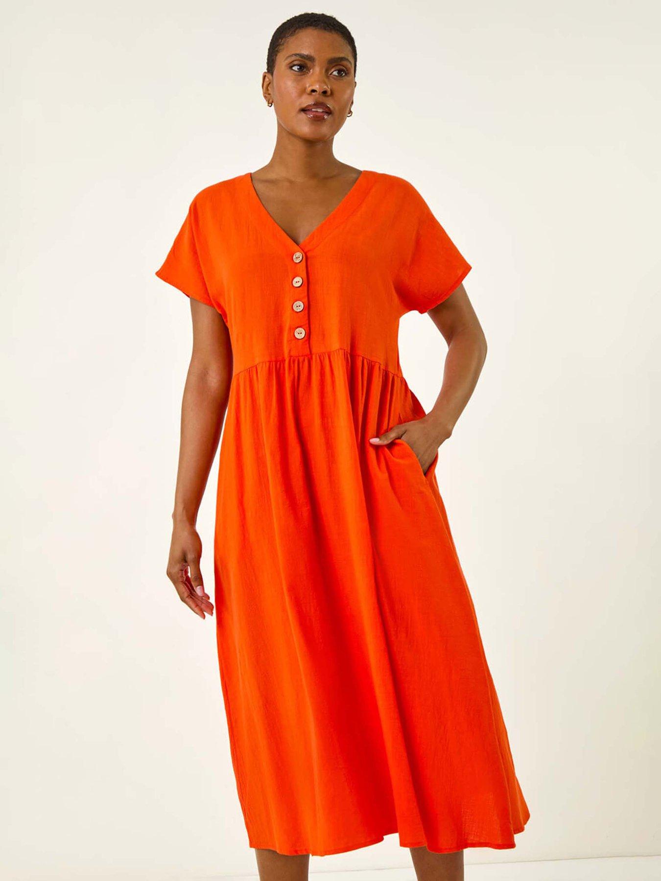 Image 2 of 4 of Roman Linen Look Button Midi Dress - Orange