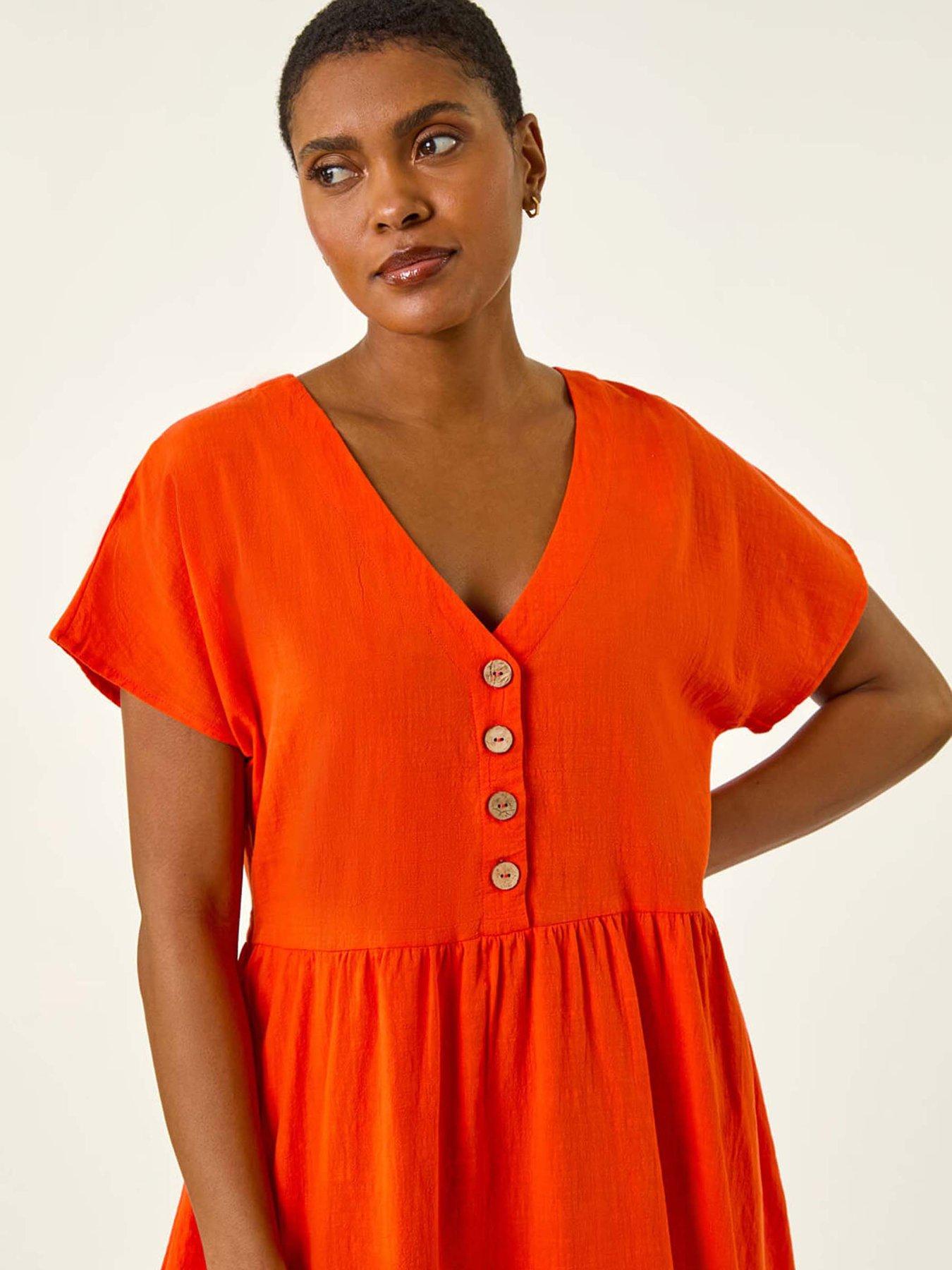 Image 3 of 4 of Roman Linen Look Button Midi Dress - Orange