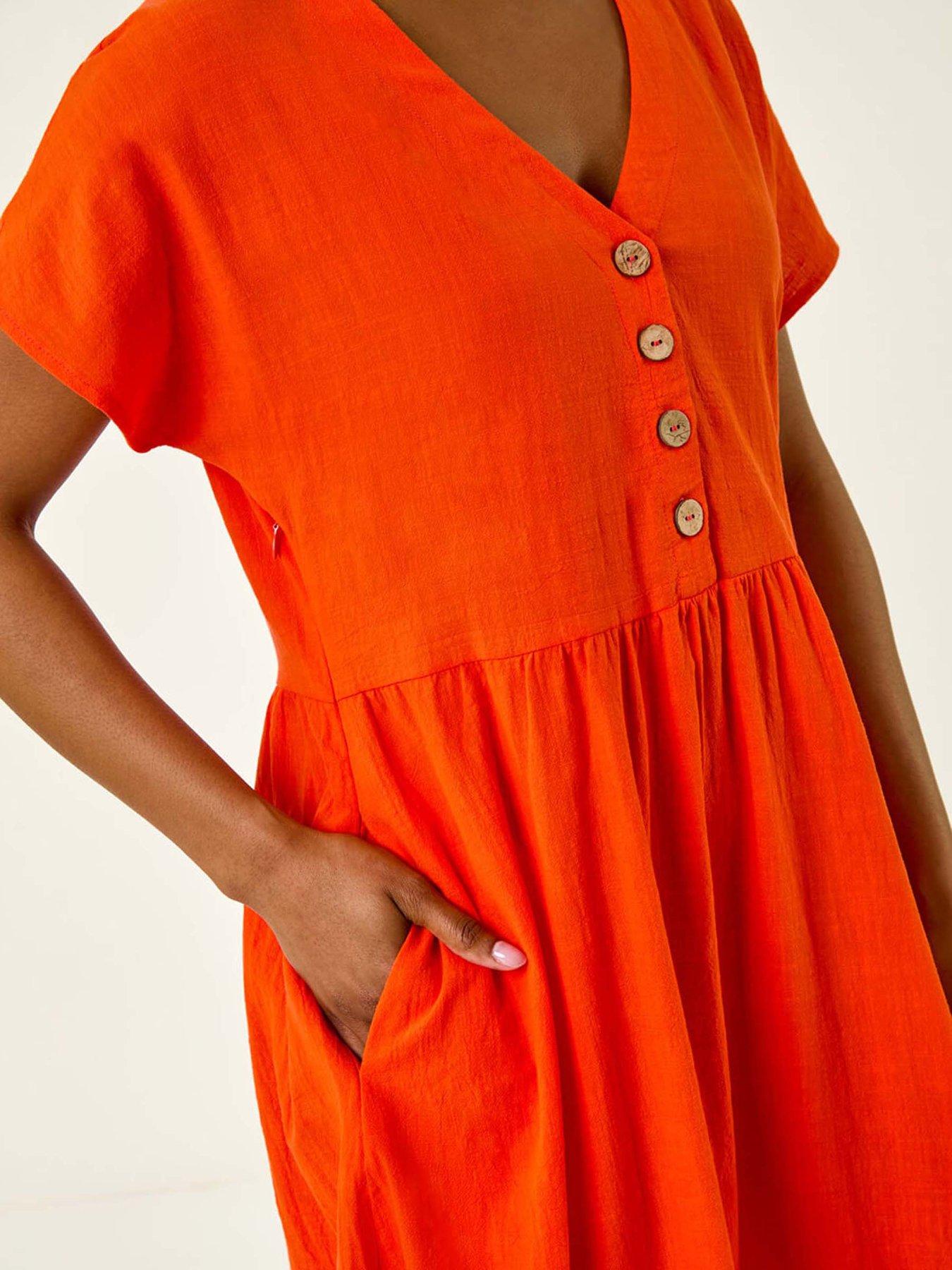 Image 4 of 4 of Roman Linen Look Button Midi Dress - Orange