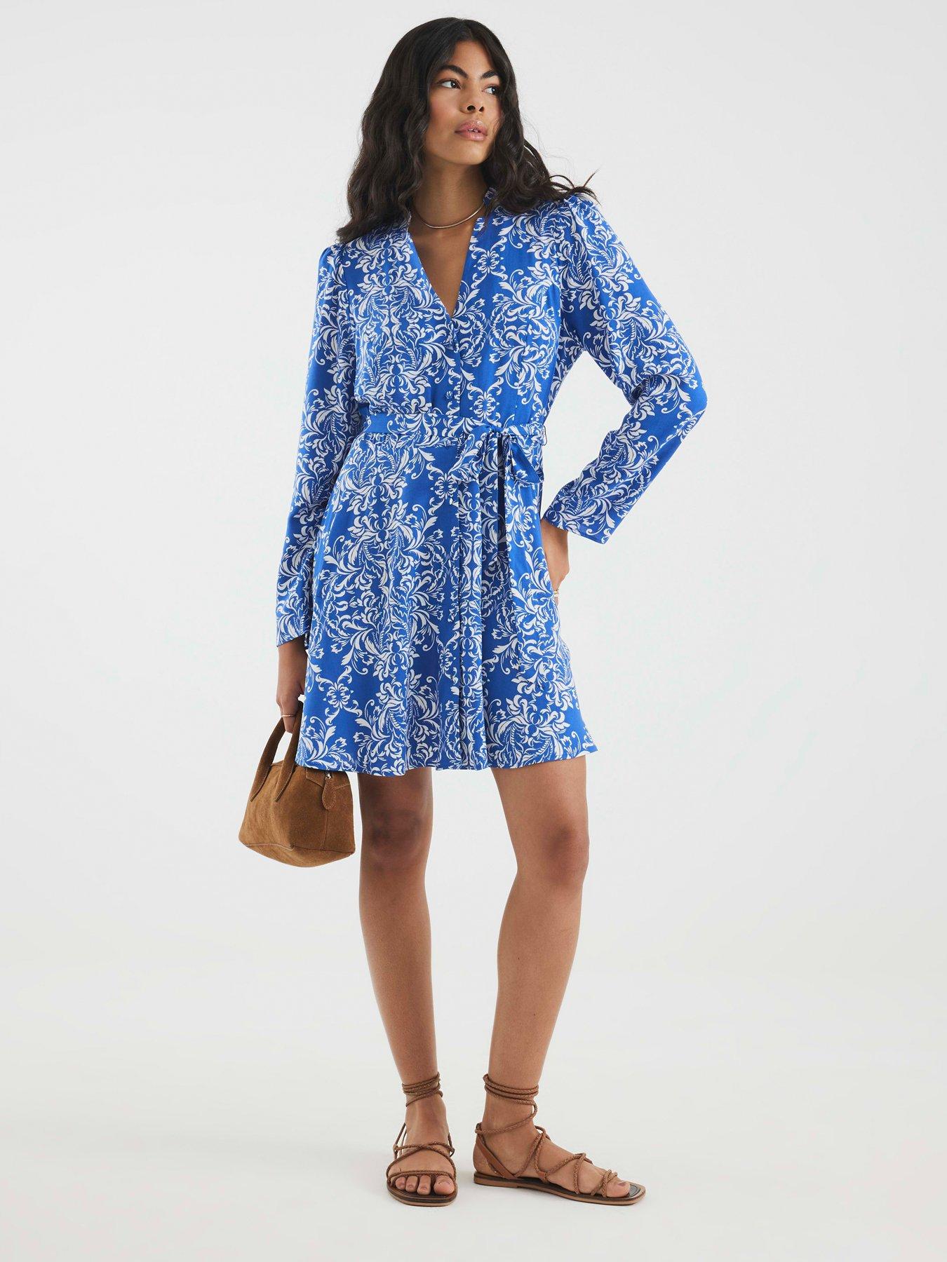 Image 1 of 4 of River Island Tie Front Mini Shirt Dress - Blue