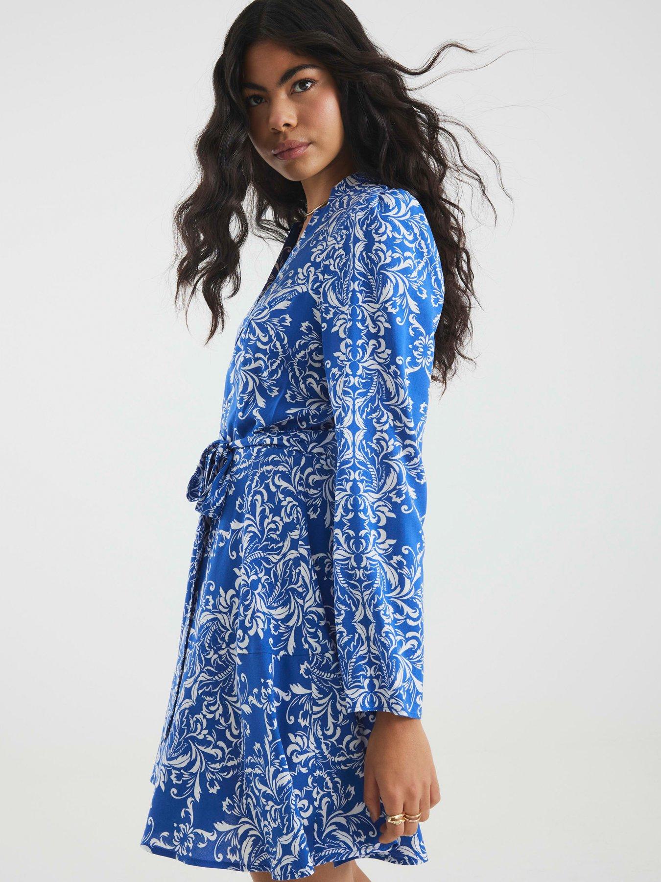 Image 2 of 4 of River Island Tie Front Mini Shirt Dress - Blue
