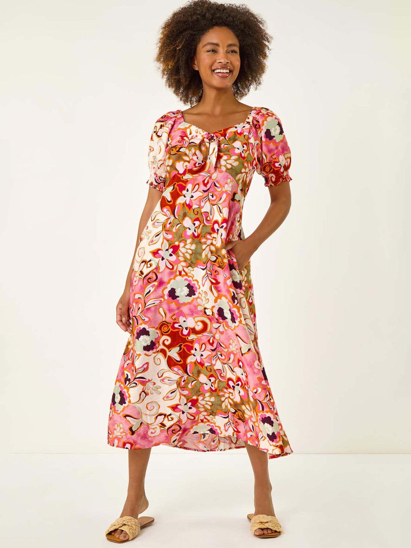 Roman Floral Print Tie Front Midi Dress - Pink