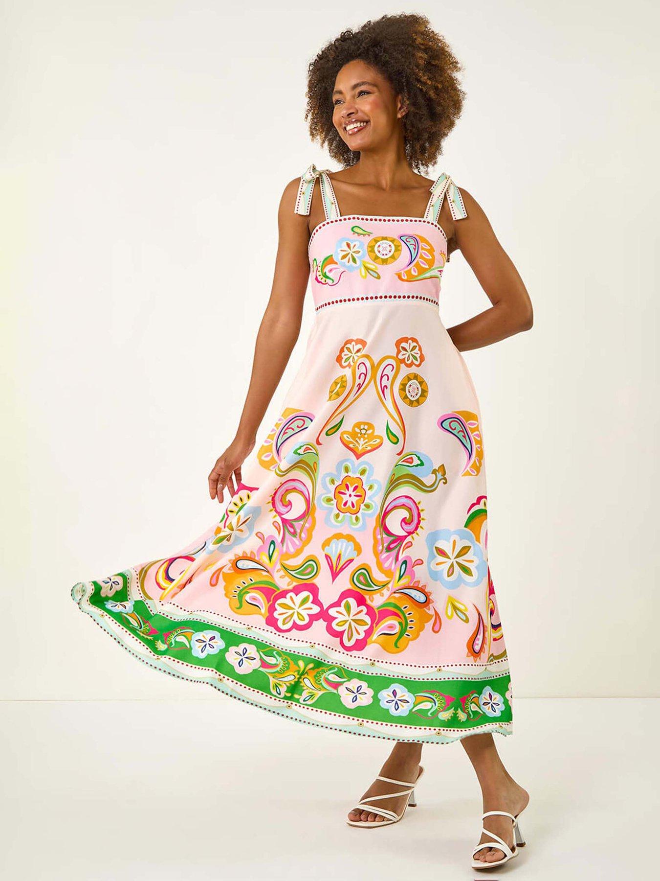 Roman Abstract Print Strappy Midi Dress - Light Pink