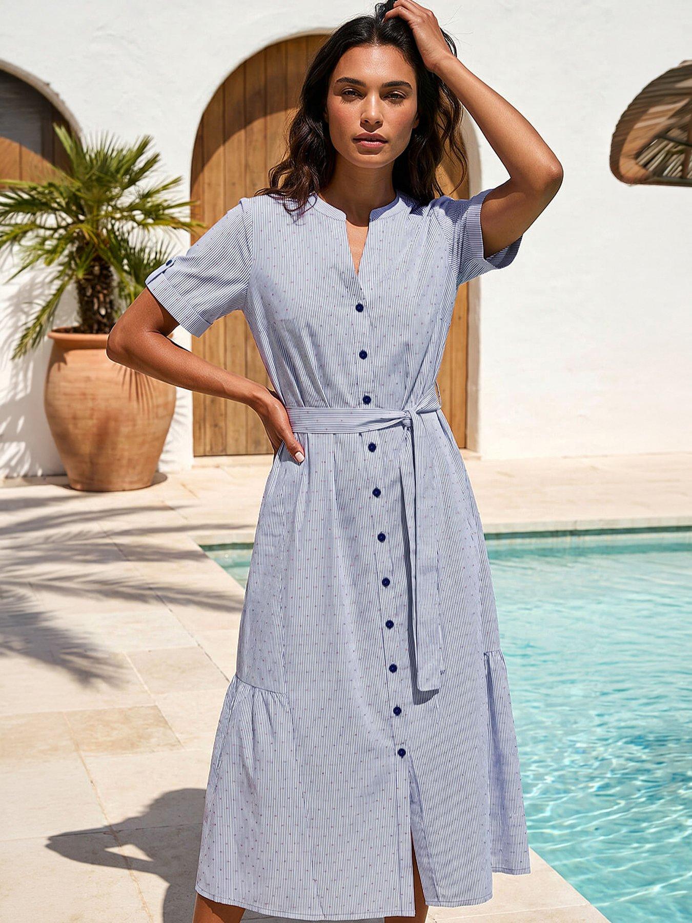 Image 1 of 4 of Roman Stripe Tie Waist Midi Dress - Blue