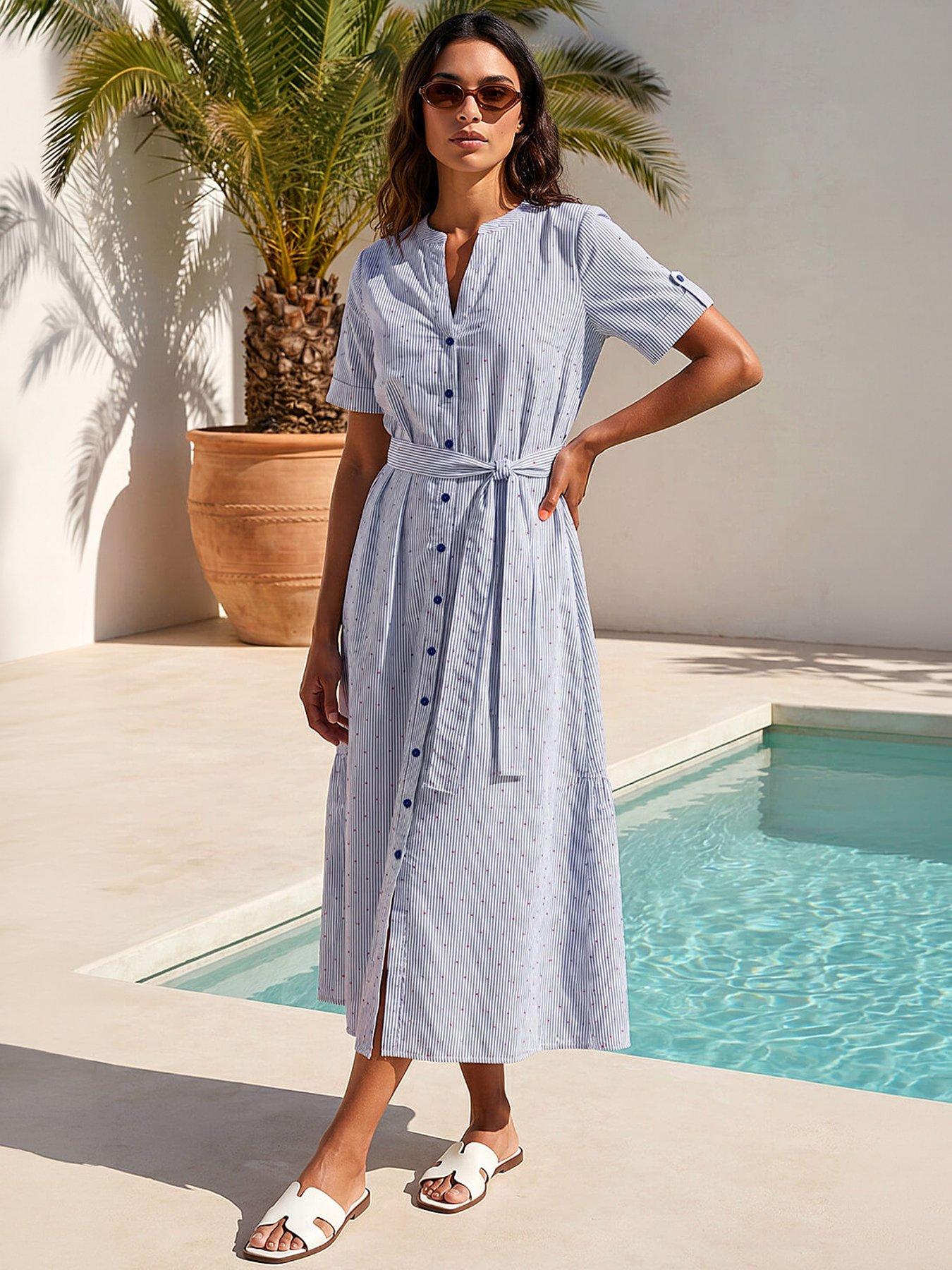Image 3 of 4 of Roman Stripe Tie Waist Midi Dress - Blue