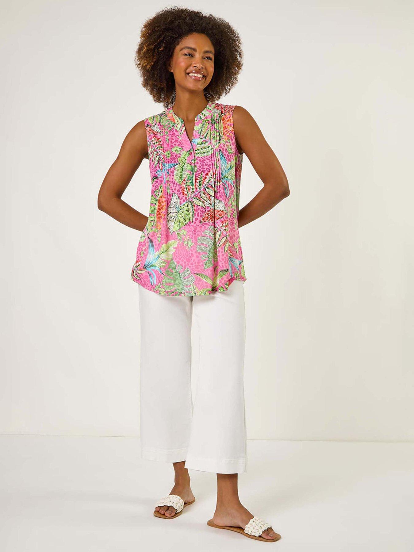 Image 3 of 5 of Roman Tropical Leaf Print Pintuck Top - Rose