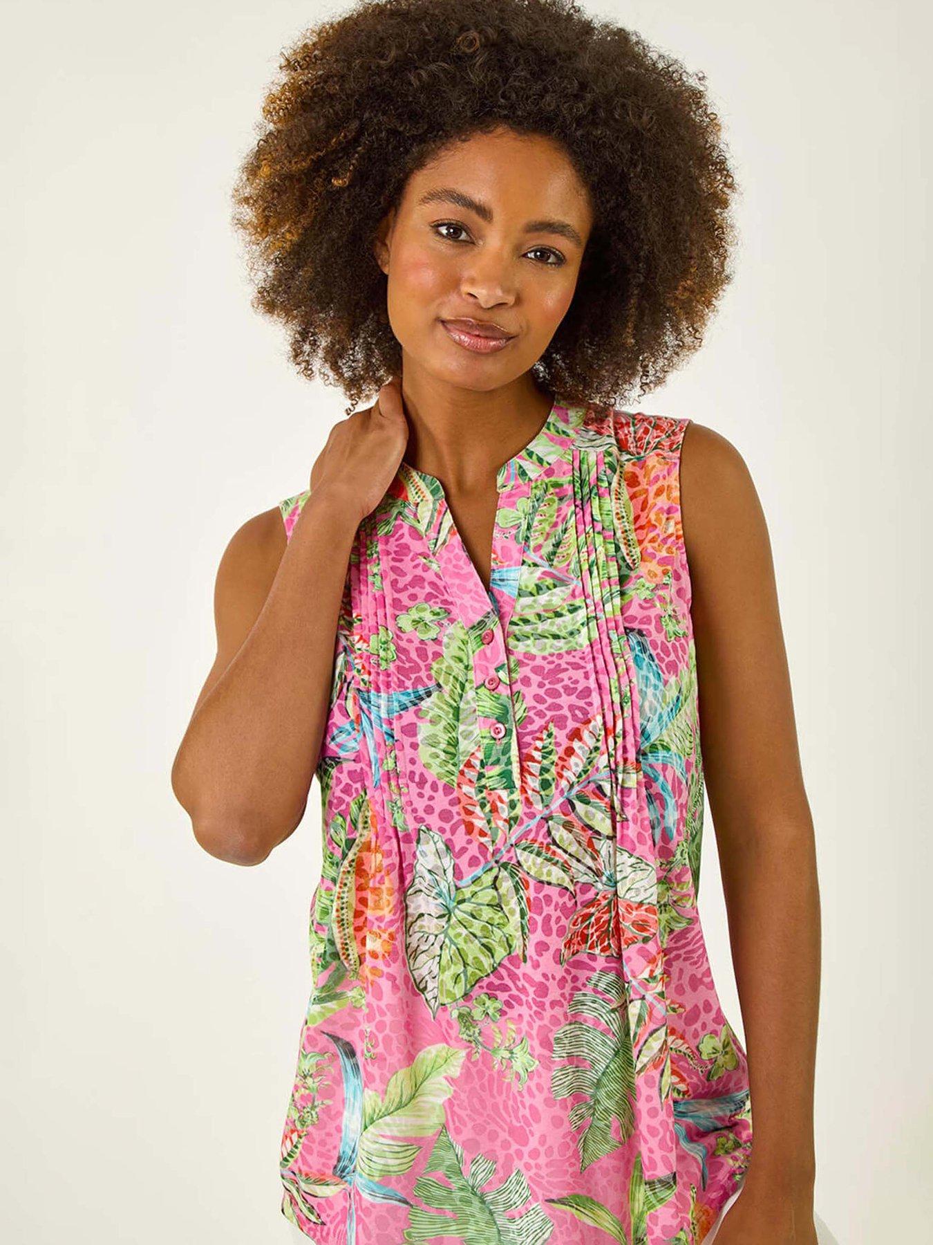 Image 4 of 5 of Roman Tropical Leaf Print Pintuck Top - Rose