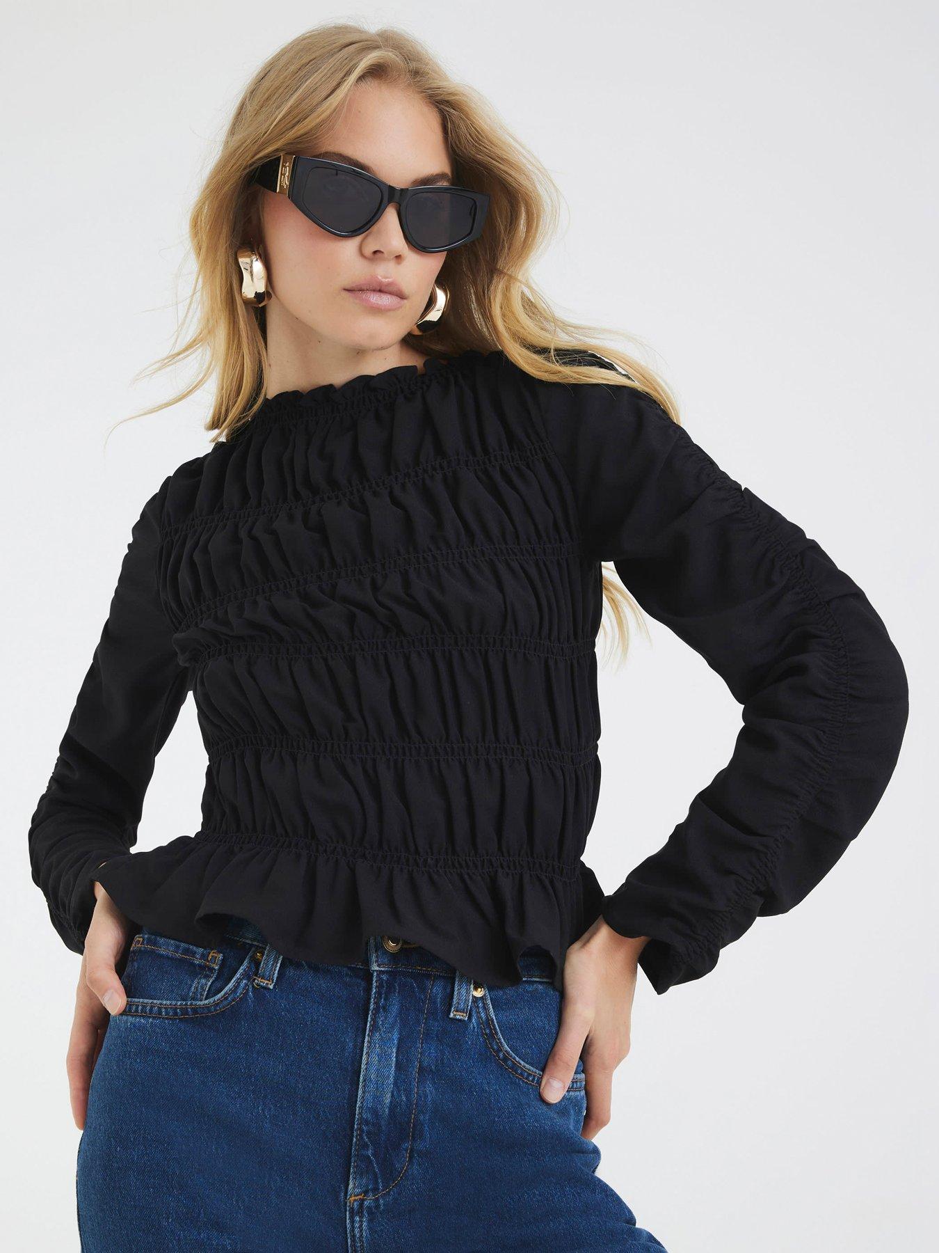 river-island-all-over-shirred-top-blackfront