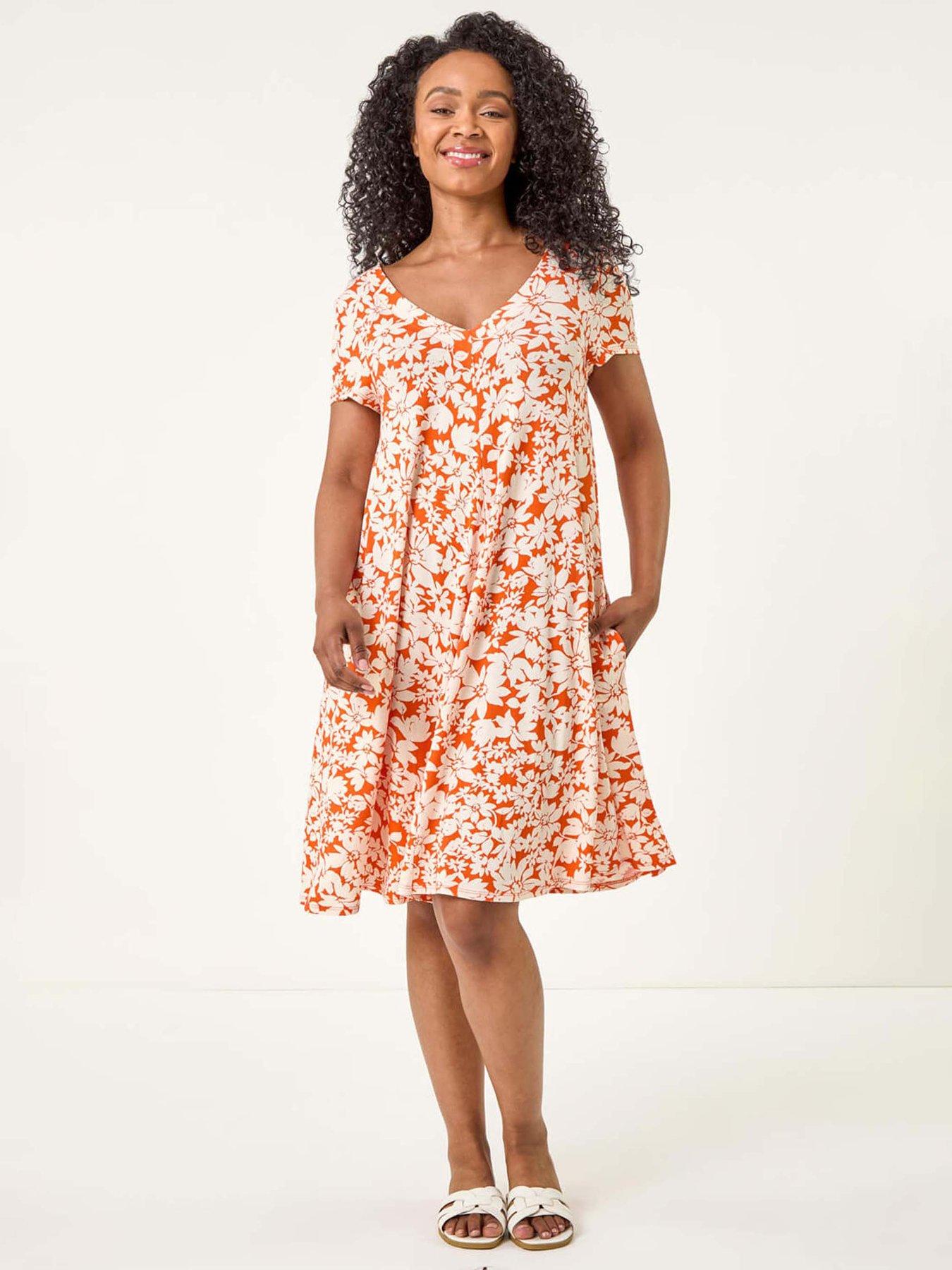 Roman Petite Floral Print Swing Pocket Dress - Orange